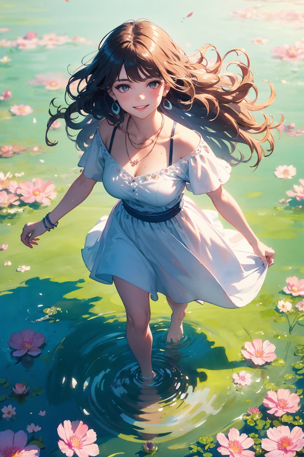 (full body:1.1),masterpiece,bestquality,8k,officialart,cinematiclight,ultrahighres,1girl,(wavy hair:1.1),drop earrings,necklace,shiny skin,look at view, ((ink)),(water color),bloom effect,detailed beautiful grassland with petal,flower,butterfly,necklace,smile,petal,(((surrounded by heavy floating petal flow)))