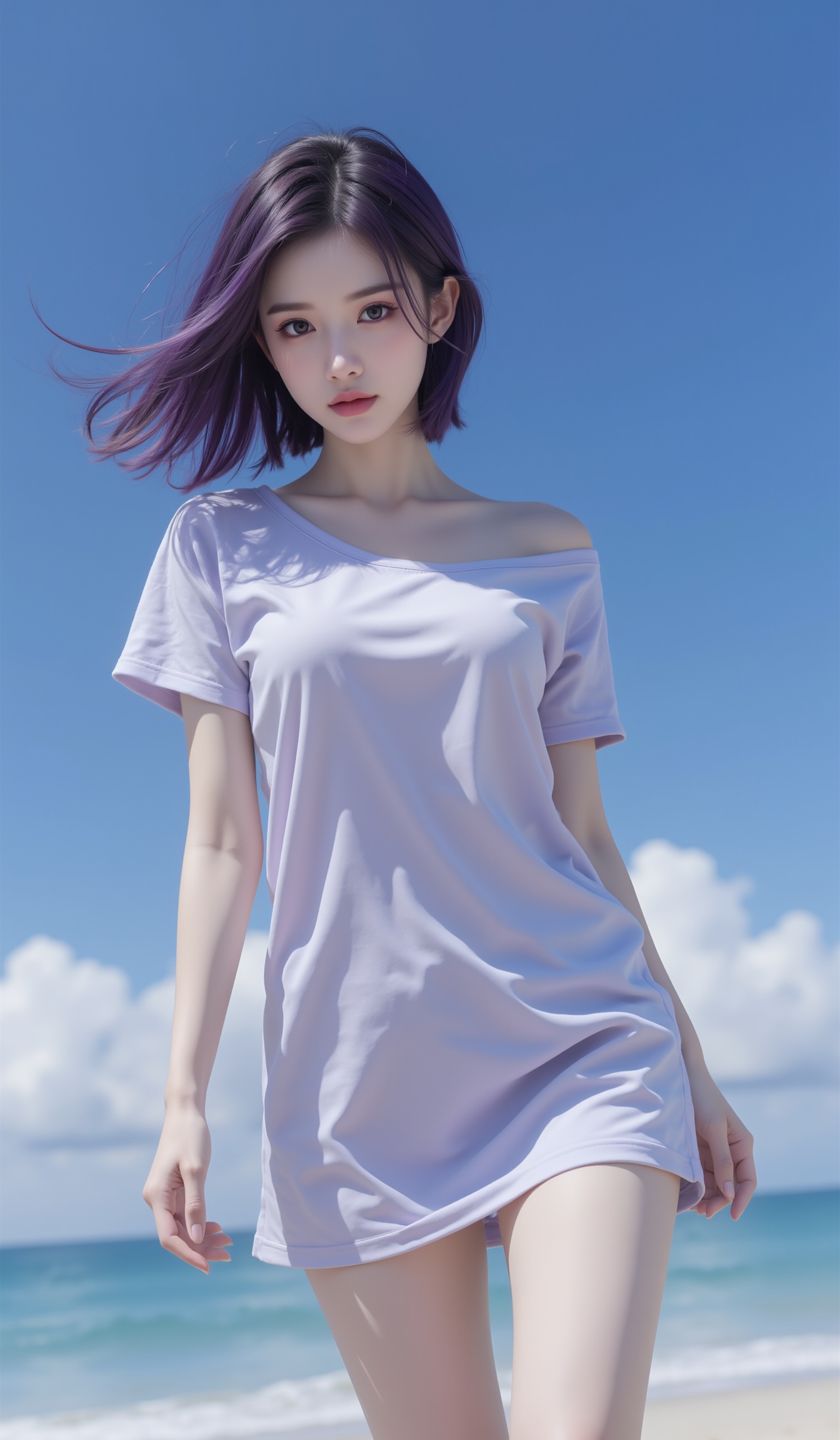 A beautiful woman with short purple hair, floating hair, dynamic character, long t-shirt,legs,blue sky<lora:FLUX-极品超模V3:1.2>