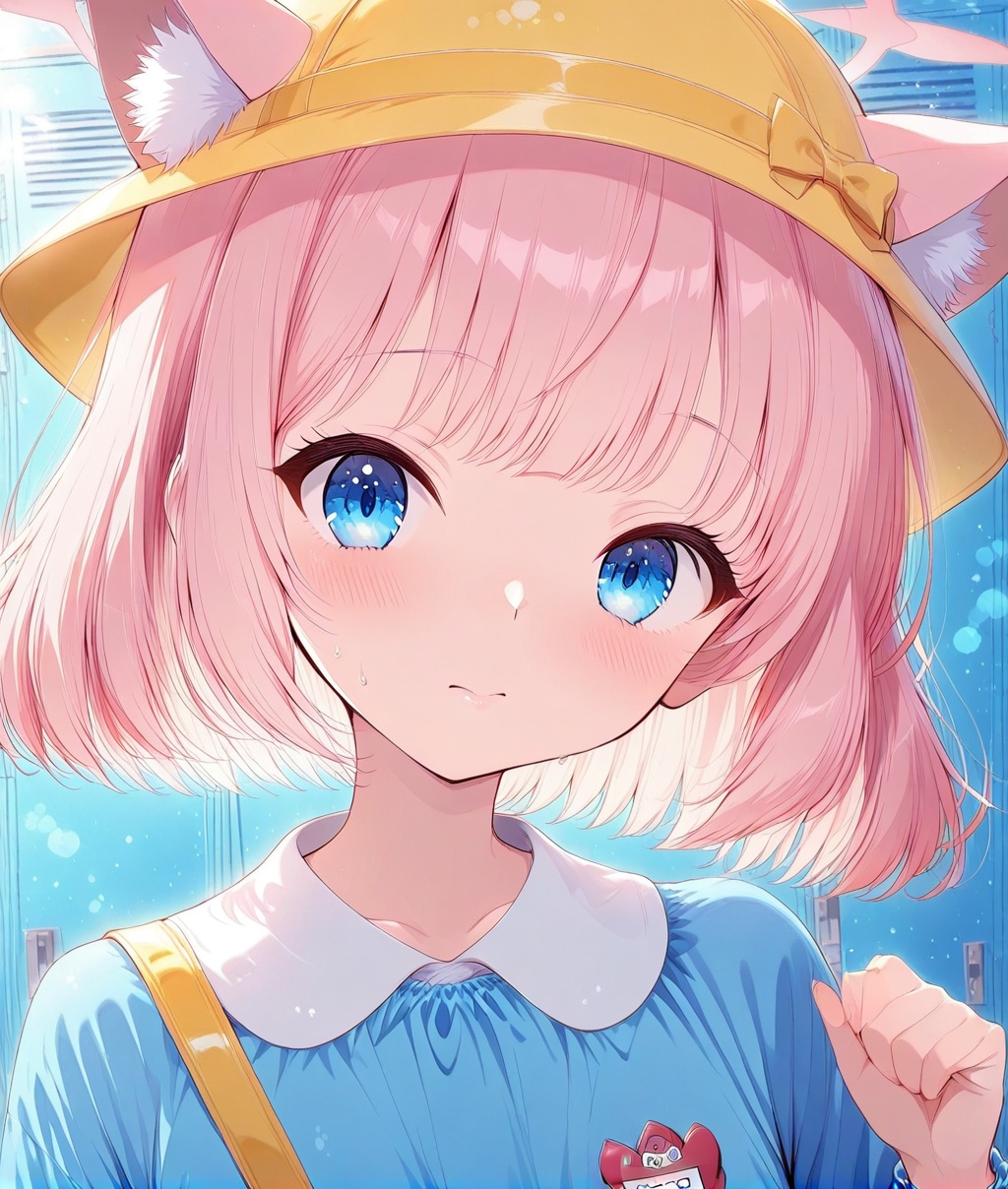 O,ultra detailed anime texture,Yazawa Nico(blue archive),Blue aura,Yazawa Nico(blue archive),1girl, animal ears, yellow headwear, solo, school hat, blue eyes, kindergarten uniform, pink hair, hat, blush, animal ear fluff, looking at viewer, short hair, name tag, upper body, blue shirt, locker, bangs, shirt, closed mouth, cat ears, ears through headwear, halo, bag,(UHD),ccurate,super detail,award winning,high quality,best quality,high details,textured skin,anatomically correct,retina,HD,16k,