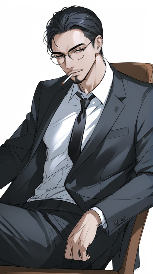(best quality), ((masterpiece)), (highres), illustration, original, extremely detailed, <lora:男风 XL:0.7>1boy, male focus, solo, necktie, cigarette, formal, sitting, black hair, suit, white background, jacket, black pants, pants, glasses, shirt, chair, facial hair, smoking, simple background, black jacket, black necktie, white shirt, short hair