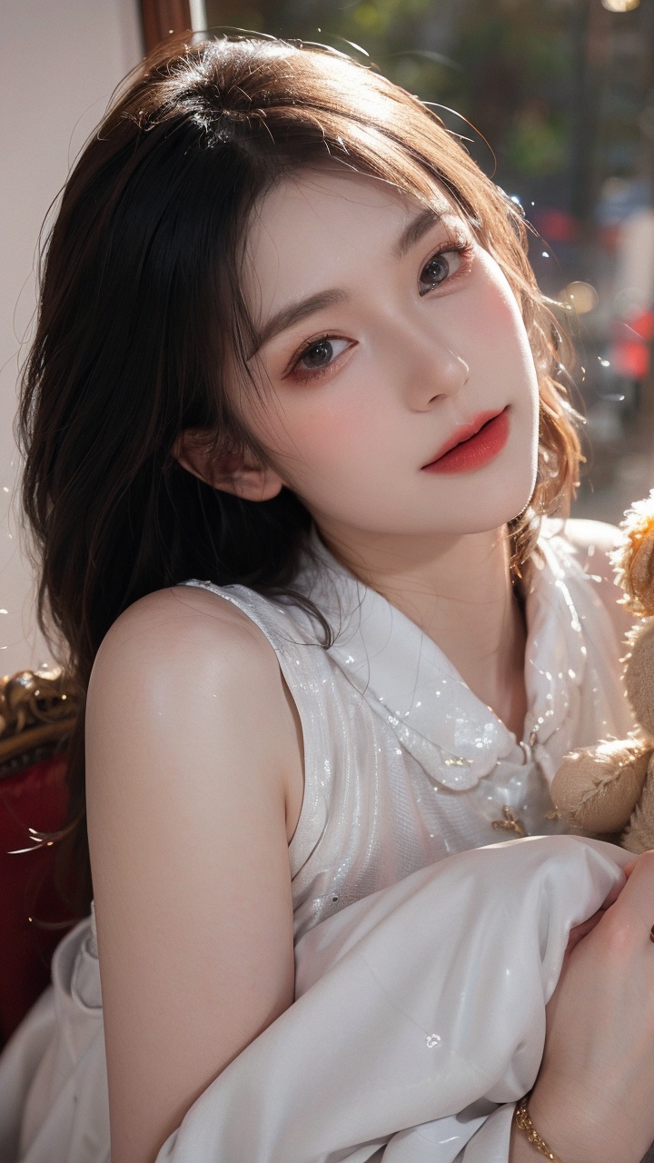 Ultra-realistic 8k CG,masterpiece,best quality,(photorealistic:1.4),HDR,absurdres,Professional,RAW photo,lens flare,(film grain:1.1),Bokeh,((Depth of field)),studio light, a young girl sitting on a chair , a teddy bear in her arms and a flower , 1girl, black_hair, dress, flower, lips, looking_at_viewer, photo_medium, short_hair, sleeveless, solo, white_dress, Highly detailed,Professional,extreme detail description;,rock climbing, (adventure:1.1), (challenge:1.2), strength, (vertical ascent:1.3), determination,