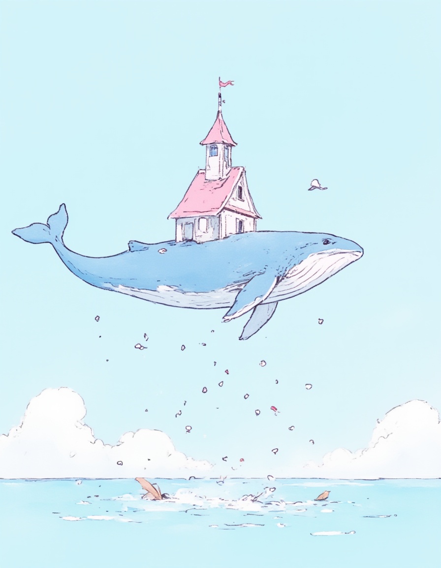 neomj,illustration,This digital art depicts a serene,ethereal scene with a majestic,The lighting is soft and diffused,giving the scene a dreamy,almost otherworldly quality.,pixel and Pointillism style,3D STYLE,The movie poster shows a beautiful blue whale with a blue back and white stomach floating in mid-air. Its back holds a beautiful pink house. The house is detailed and the clear sky creates a minimalist style. The feeling of a dream,the feeling of loneliness.,<lora:neomj故事感线条水彩风10:1>,