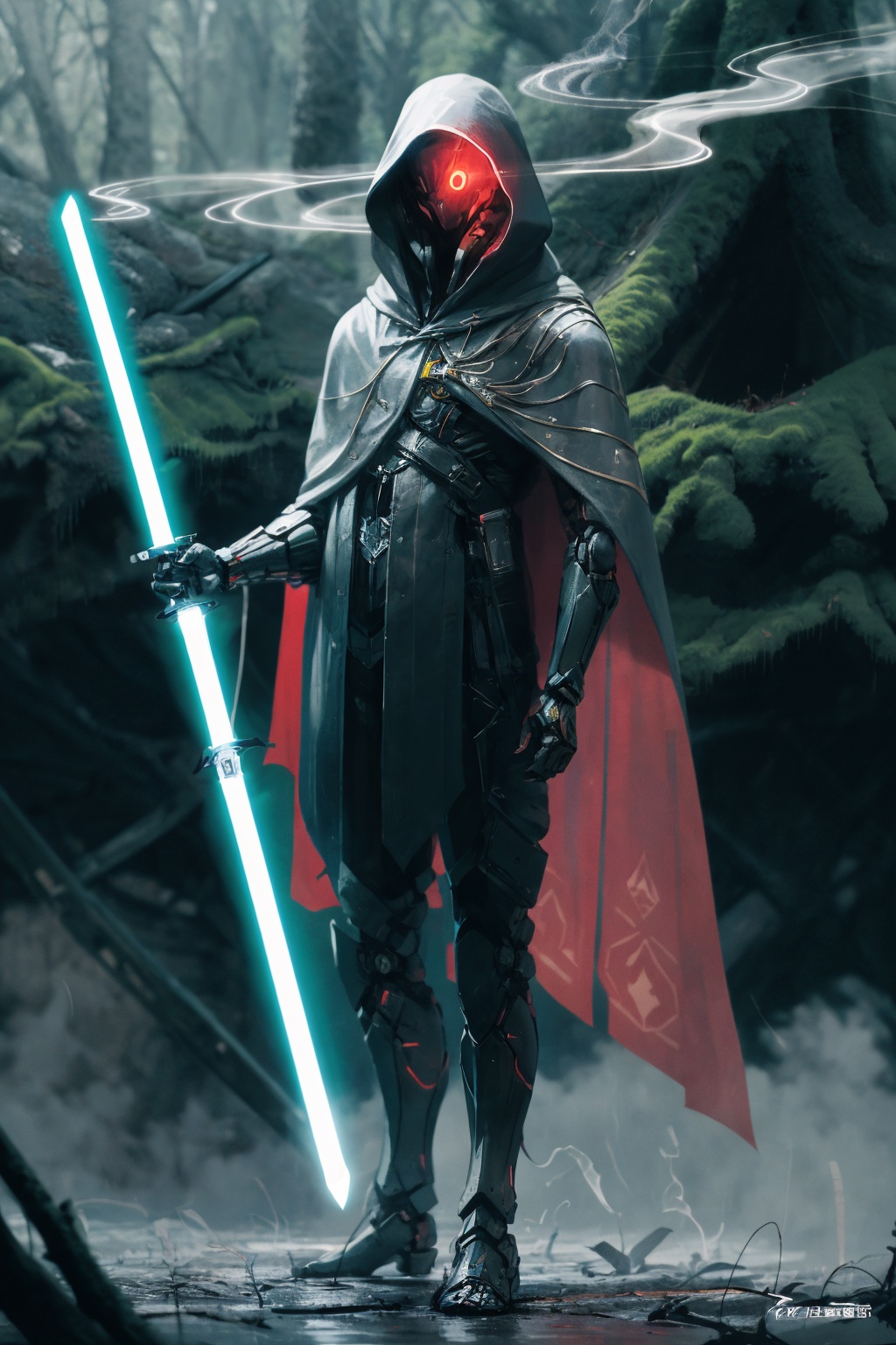 -science fiction, weapon, smoke, sword, solo, hood, cloak, energy sword, holding, robot, holding weapon, glowing, holding sword, hood up, no humans, lightsaber, signature, hooded cloak, 1boy,<lora:Apocalypse Aso_20240119162949:1>,Apocalypse Aso,