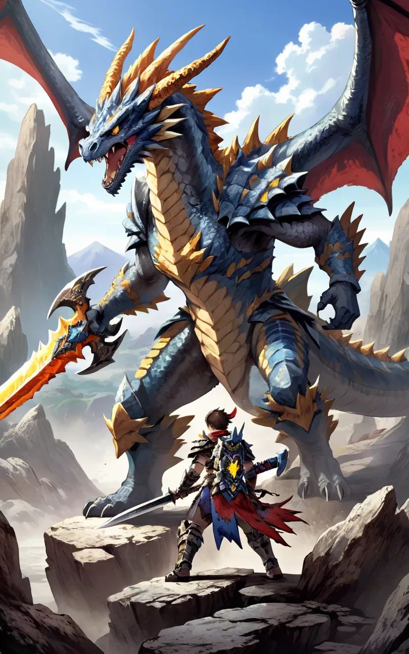 Illustration of a fierce and determined Monster Hunter wielding a colossal sword,  wearing intricately designed armor ador...