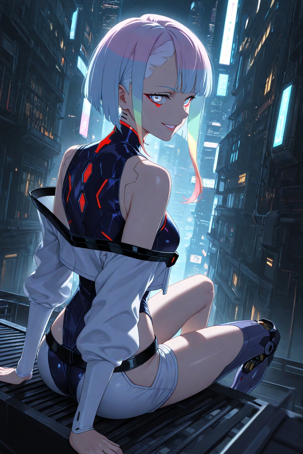 masterpiece,best quality,amazing quality,very aesthetic,absurdres,newest,highres,lucy \(cyberpunk\),cyberpunk,roof,sci-fi city,girl sitting on the roof,looking_back,semi-mechanical girl,fine mechanical structure,luminous component in mechanical structure,sci-fi clothing,mechanical armor,fisheye lens,dreamy light and shadow effect,lighting,smog,evil_grin,glowing_eye,drag,single_mechanical_leg,