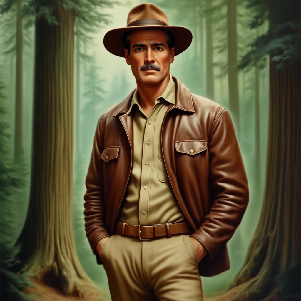 A portrait of a man standing in a dense forest. He wears a brown leather jacket,  a beige shirt,  and beige trousers on Te...
