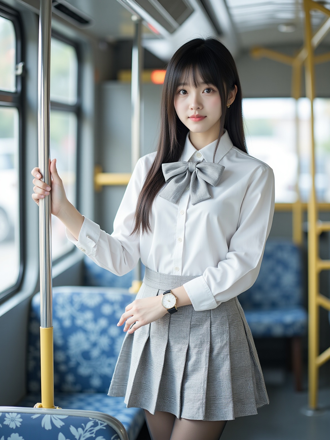 Real photography, super high quality, masterpiece, a girl, wearing a jk uniform, white shirt, light gray checkered pattern bow, light gray checkered skirt, black pantyhose, wearing a delicate watch, standing On a city bus, a hand grasps the handrail, blurred scene inside the city bus, professional composition, real light and shadow<lora:小红书顶流嫩妹脸模FLUX:1>