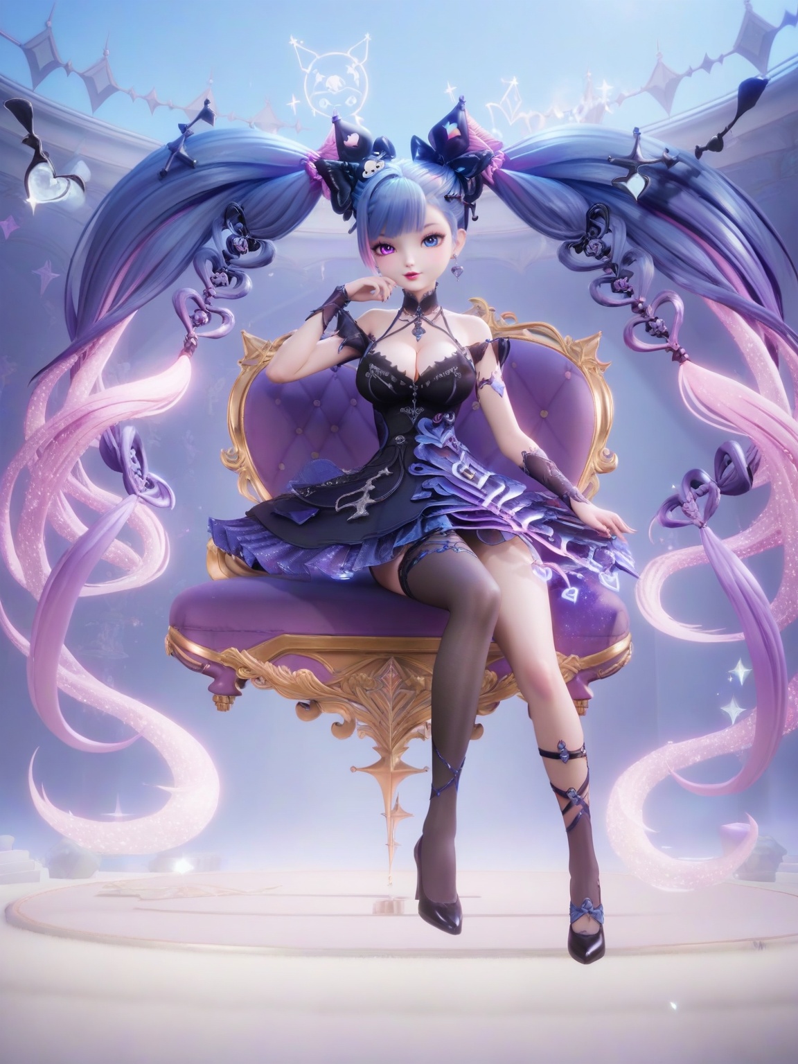 score_9,<lora:SF_AnQiLa_Pony_Realism2.3-000005:0.7>,1girl,breasts,large breasts,sitting,hair ornament,heterochromia,solo,lipstick,loli,dress,jewelry,absurdly long hair,multicolored hair,asymmetrical legwear,black dress,full body,looking at viewer,white background,simple background,