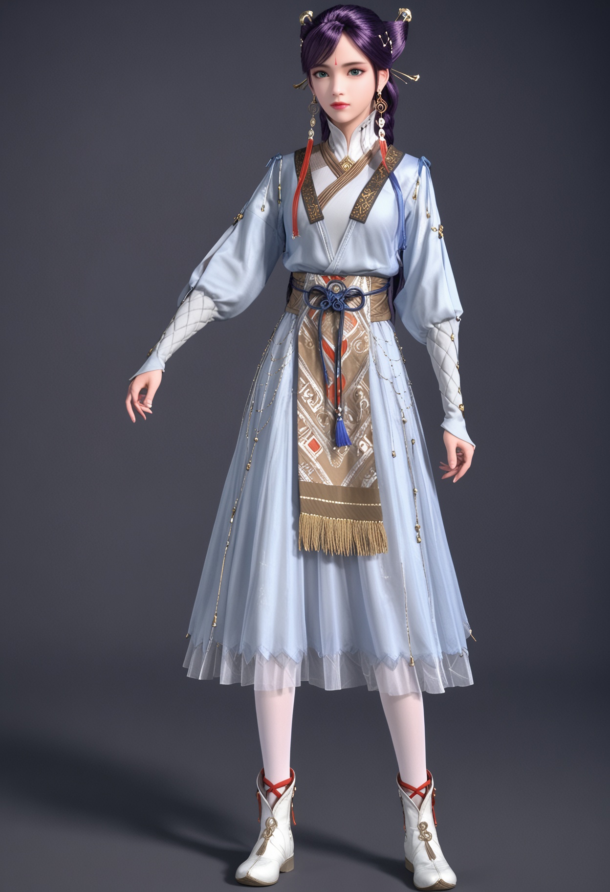 (standing:1.1),(full_body:1.1),(looking at viewer:1.1),facing viewer,direct gaze,<lora:YQ_pony_xulingxi2_V4:0.8>,q1528437228,1girl,solo,jewelry,earrings,hair ornament,black hair,lips,chinese clothes,dress,forehead mark,green eyes,hair bun,long hair,makeup,brown hair,hair stick,long sleeves,tassel,boots,white pantyhose,braid,blue eyes,purple hair,brown eyes,double bun,BREAK simple background,pure black background,black background,perfect anatomy,