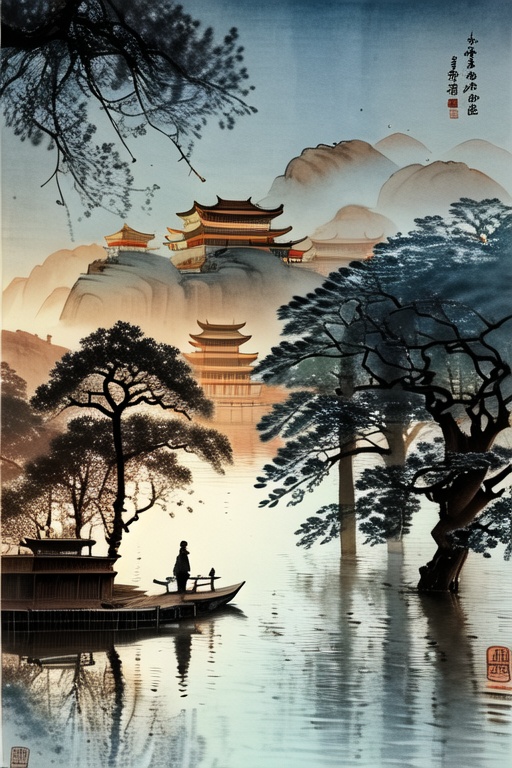 Jianghu sentiment, Landscape Ink Painting, 1boy, outdoors, sky, water, from behind, tree, night, scenery, branch, watercraft, bare tree, boat