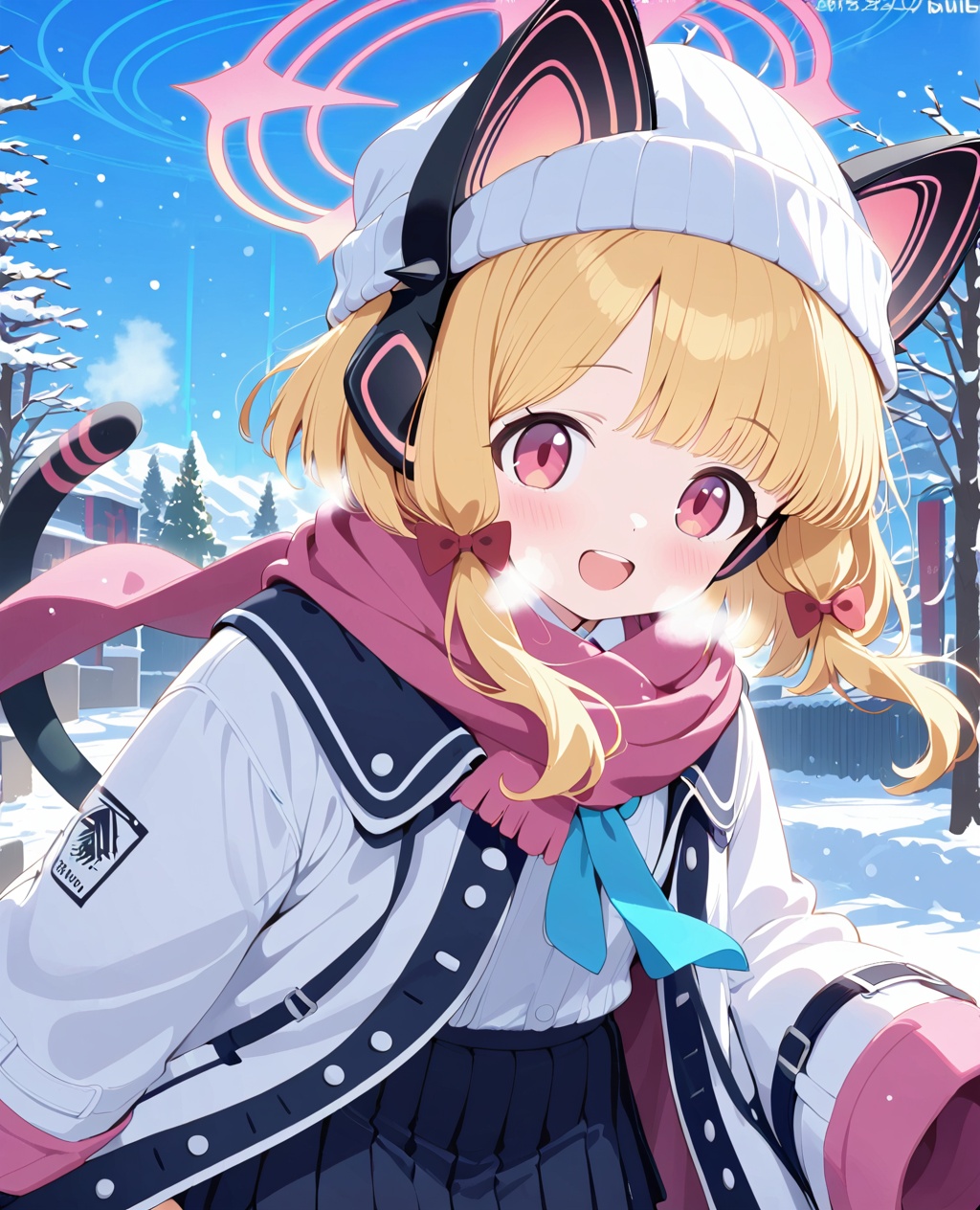 1girl, solo, momoi (blue archive), beanie, hat, jacket, animal ears, scarf, fake animal ears, halo, skirt, animal ear headphones, white jacket, white headwear, open clothes, tail, pleated skirt, bow, blonde hair, smile, black skirt, headphones, looking at viewer, outdoors, bangs, shirt, hair bow, open jacket, long sleeves, cat ear headphones, pink scarf, red bow, red eyes, white shirt, :d, open mouth, upper teeth only, multicolored jacket, blue necktie, necktie, blush, snow, sidelocks, sky, snowing, breath, tree, sleeves past wrists