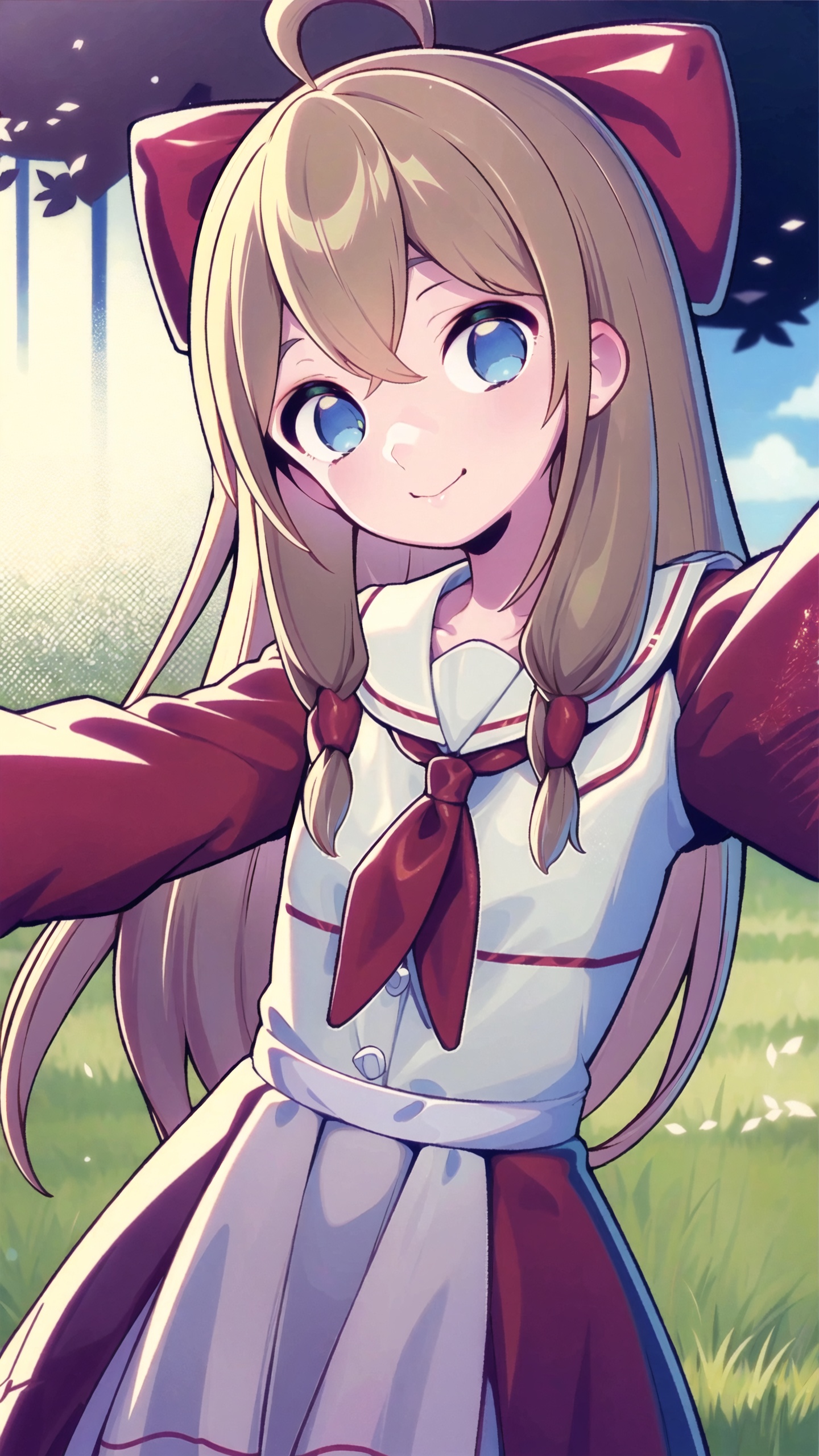 masterpiece, best quality, 1girl, solo, dynamic pose, light smile, meadow, reaching towards viewer, selfie,<lora:jiaran:1>, jiaran, (official dress:1.5), blue eyes, hair, jacket, hair bow, neckerchief,  <lora:gyokai:1>