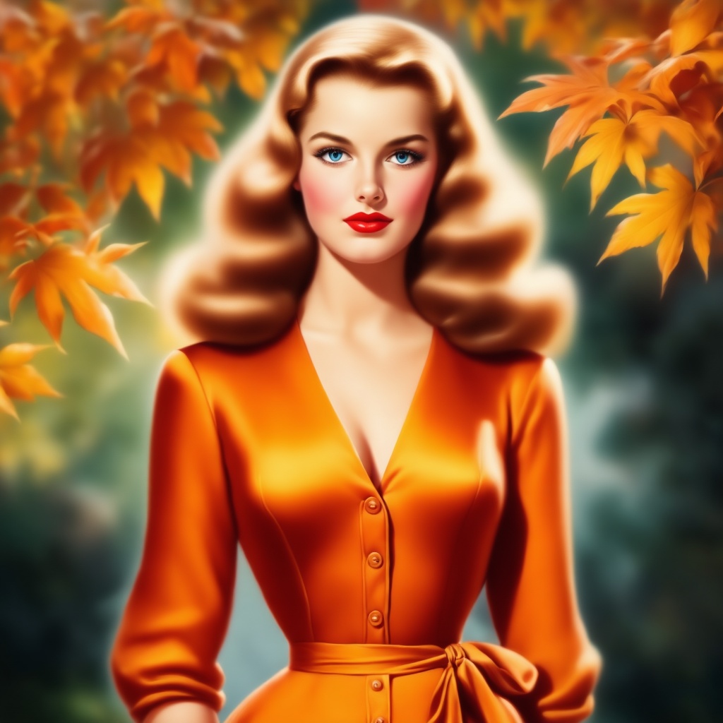 A portrait of a young woman with voluminous,  wavy blonde hair,  set against a backdrop of autumnal foliage. She wears a v...