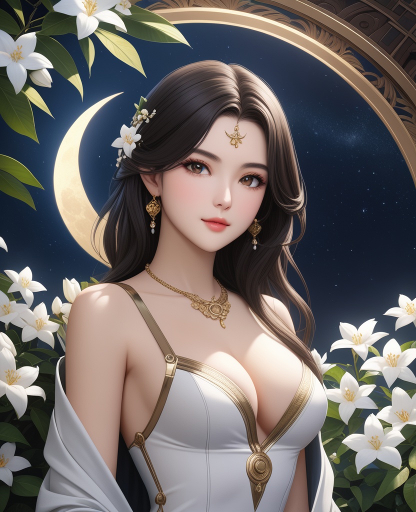 (,1girl, ,best quality, ),looking at viewer,  ,,ultra detailed background,ultra detailed background,ultra realistic 8k cg, ,masterpiece, (( , )),, realistic,science fiction,mole, ultra realistic 8k cg, ,     ,crescent moon, jasmine \(flower\),     (cleavage), (),