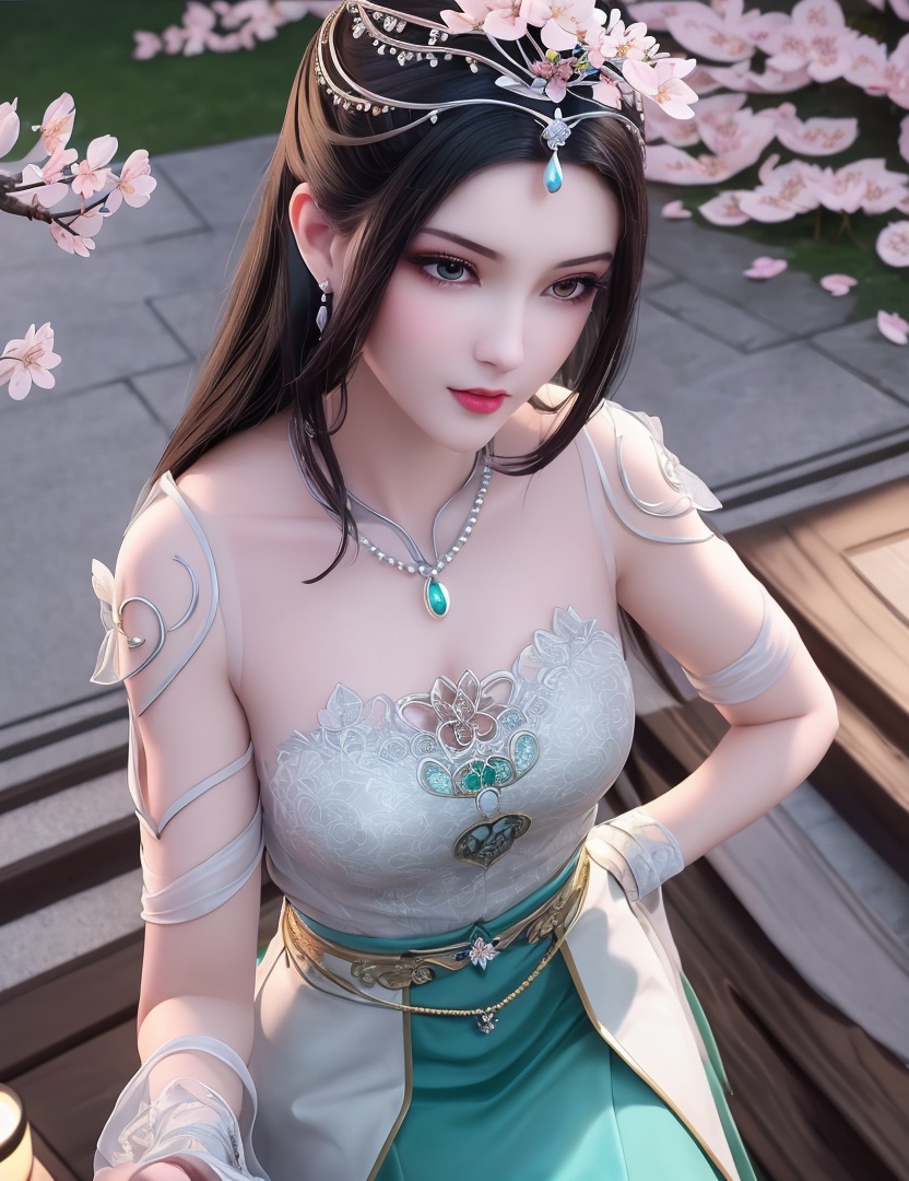 ultra realistic 8k cg, picture-perfect face, flawless, clean, masterpiece, professional artwork, famous artwork, cinematic lighting, cinematic bloom, perfect face, beautiful face, fantasy, dreamlike, unreal, science fiction,   lace, lace trim, lace-trimmed legwear,  (rich:1.4), prestige, luxury, jewelry, diamond, gold, pearl, gem, sapphire, ruby, emerald, intricate detail, delicate pattern, charming, alluring, seductive, erotic, enchanting, hair ornament, necklace, earrings, bracelet, armlet,halo((,1girl, pov,))  , ((((1girl, solo, ,cherry blossoms,outdoors, ))))<lora:DA_LinQingZhu:0.7>