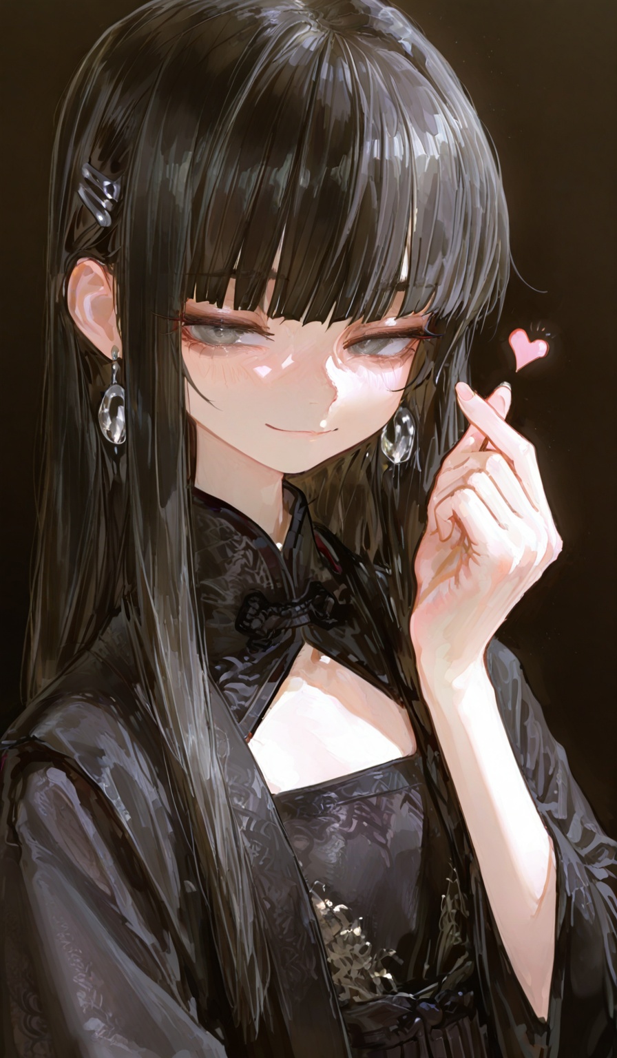 <lora:Taswell的SenSen画风:0.8>,highres,absurdres,newest,very awa,masterpiece,best quality,year 2024,(vanripper:1.2),yomiya_sateko,potg_(piotegu),void_0,(dino_(dinoartforame):0.8),(fkey:0.8),(yomu_(sgt_epper):0.8),(close-up:1.8),(upper body:1.5),cinematic lighting,god rays,ray tracing,reflection light,black background,1girl,loli,solo,long hair,blunt bangs,black hair,side swept bangs,Silver eyes,silver earrings,hair clip,Flat chest,plain clothes,(fine fabric emphasis:1.3),(black clothes:1.1),(black hanfu:1.1),(right lapel:1.3),long sleeves,black Plum dress pattern,red edging,pleated skirt,no socks,Chinese traditional shoes,light smile,(finger heart:1.1),