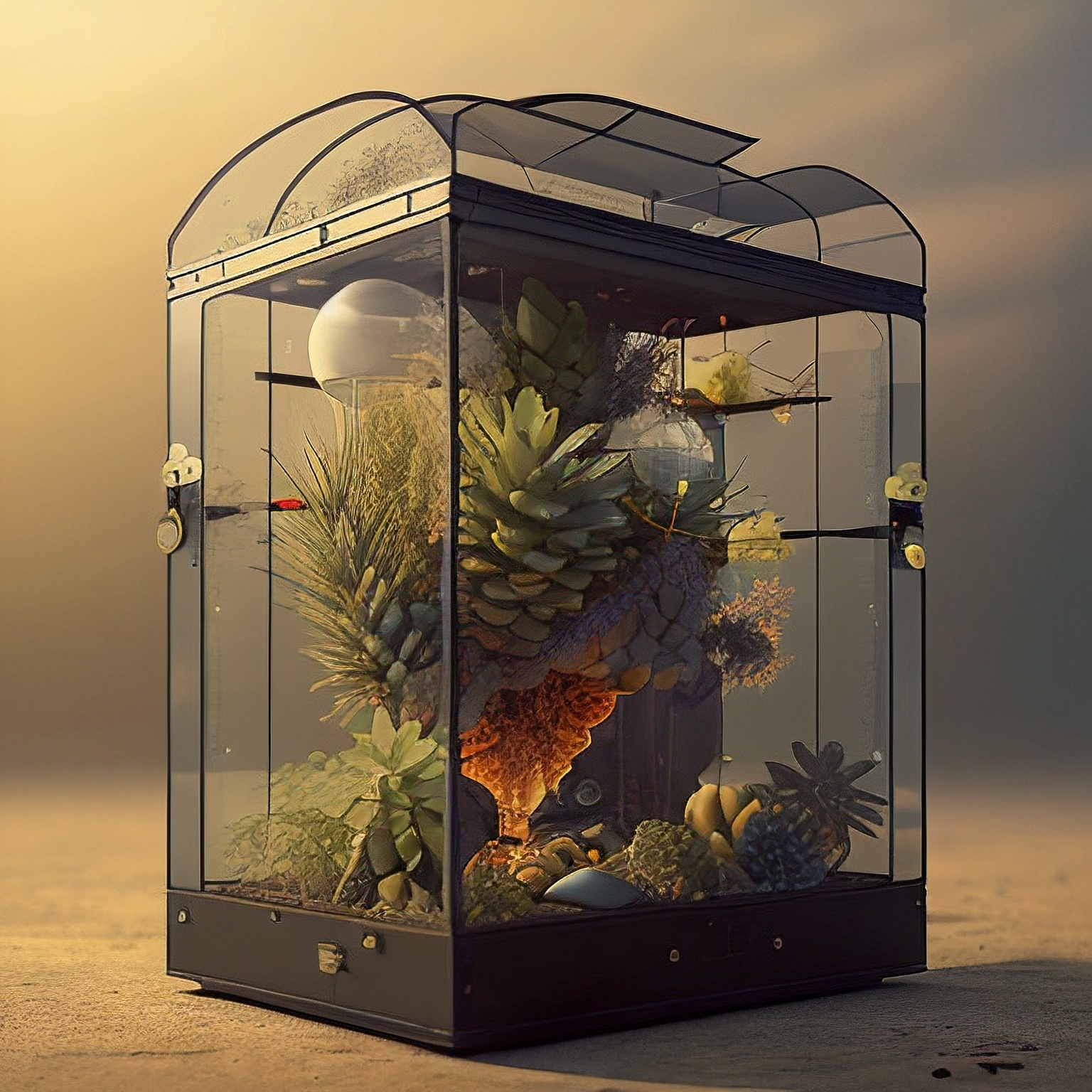 (realistic:1.2), (intricate:1.3),analog style, (film grain), (warm hue, warm tone:1.2), close up, cinematic light, sidelighting, ultra high res, best shadow, RAW, (tropical jungle) , (KnollingCaseQuiron style), glass case, display case, (KnollingCase:1.4), 