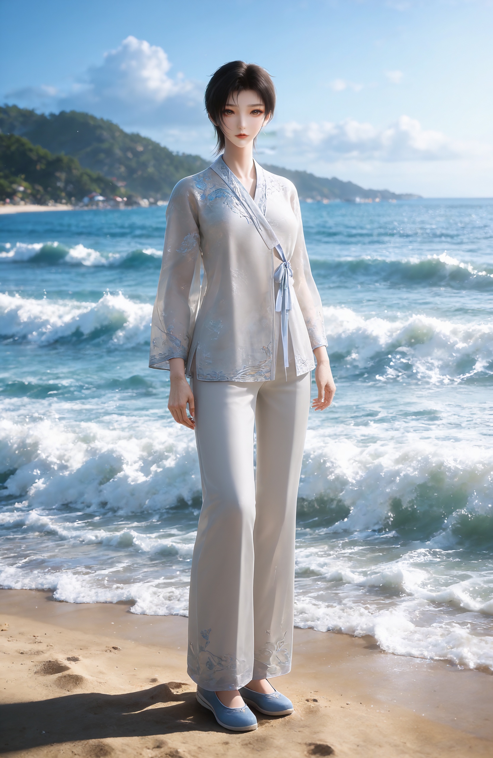 <lora:神墓-龙舞-睡衣IL:0.8>  1girl,short hair,, black hair, brown eyes,korean clothes,, long sleeves, see-through, white pants, blue shoes,, standing,Seaside,beach,waves,full body,