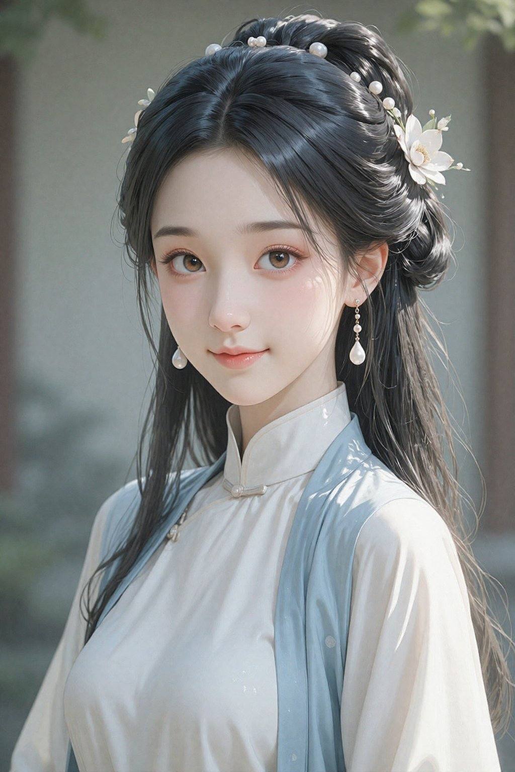 这是一幅宁静祥和的年轻女性肖像,  采用中景拍摄,  她直视着观者。她看起来大约十七八岁或二十出头 on Tensor.Art