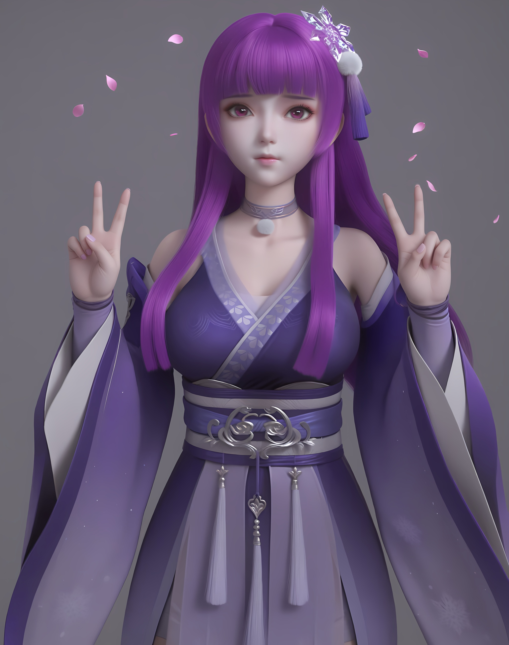 (score_9),vivid colours,Expressiveh,ambient occlusion,((Subsurface Scattering)),light blush,body blush,<lora:叶紫云-Apony-000009:0.82>,yeziyun,1girl,solo,long hair,purple hair,blunt bangs,hair ornament,choker,snowflake hair ornament,long eyelashes,purple eyes,hanfu,detached sleeves,belt,wide sleeves,sash tassel,sleeve tassel,skirt,purple sash,looking at viewer,front view,facing viewer,collarbone,puffy breasts,pointy_breasts,large breasts,see-through cleavage,<lora:a修手:0.35>,double v,twig,falling petals,grey background,<lora:perfect-eyes:0.8>,<lora:e色温:0.5>,<lora:Expressive_H:0.8>,<lora:e肤色滑块:0.5>,<lora:SkinRealityOrg_ponyv6_loraplus:0.25>,real skin,OverallDetail,fair_skin,(white_skin),(Ivory_skin),