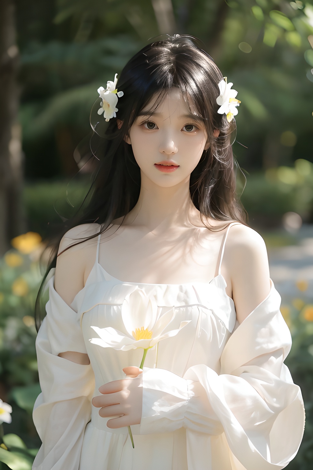 1girl, solo, black hair, black eyes, flower,Light, (sunlight:1.4), blurry background, long hair, bangs, blurry, upper body, hair flower, closed mouth, hair ornament, realistic, long sleeves, blunt bangs,  white dress, lips, white shirt, <lora:YG青春阳光女孩:0.85>,