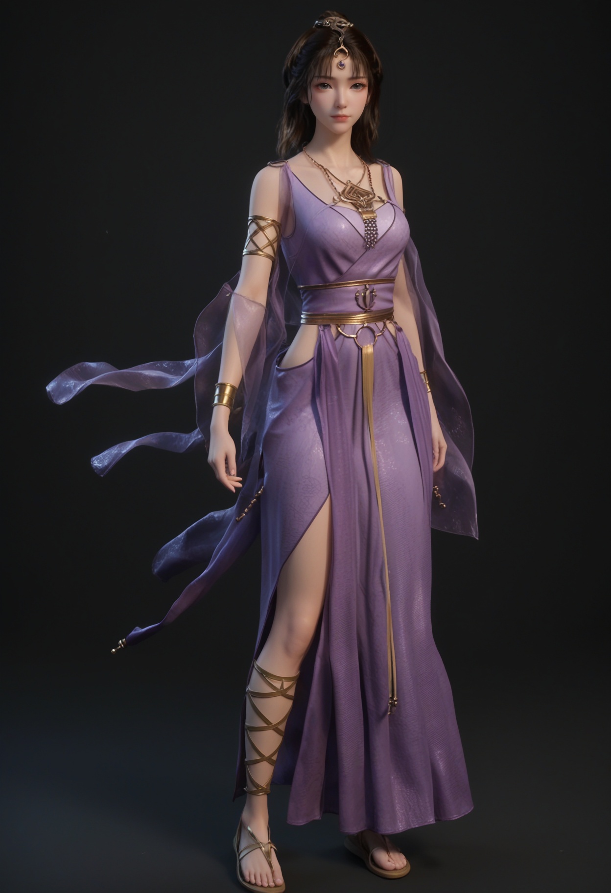 (standing full_body:1.1),score_9,score_8_up,masterpiece,(best quality),intricate details,facing viewer,(looking at viewer:1.1),<lora:YQ_pony_wensiyue_V4:0.8>,q1528437228,1girl,solo,jewelry,blue dress,dress,purple dress,necklace,brown hair,long hair,black hair,hair ornament,bracelet,armlet,brown eyes,sandals,ponytail,sash,black eyes,blue eyes,BREAKscore_9,score_8_up,masterpiece,(best quality),perfect anatomy,(hourglass),perfect face,(simple background,pure black background,black background:1.1),fair_skin,shiny_skin,Ivory_skin,