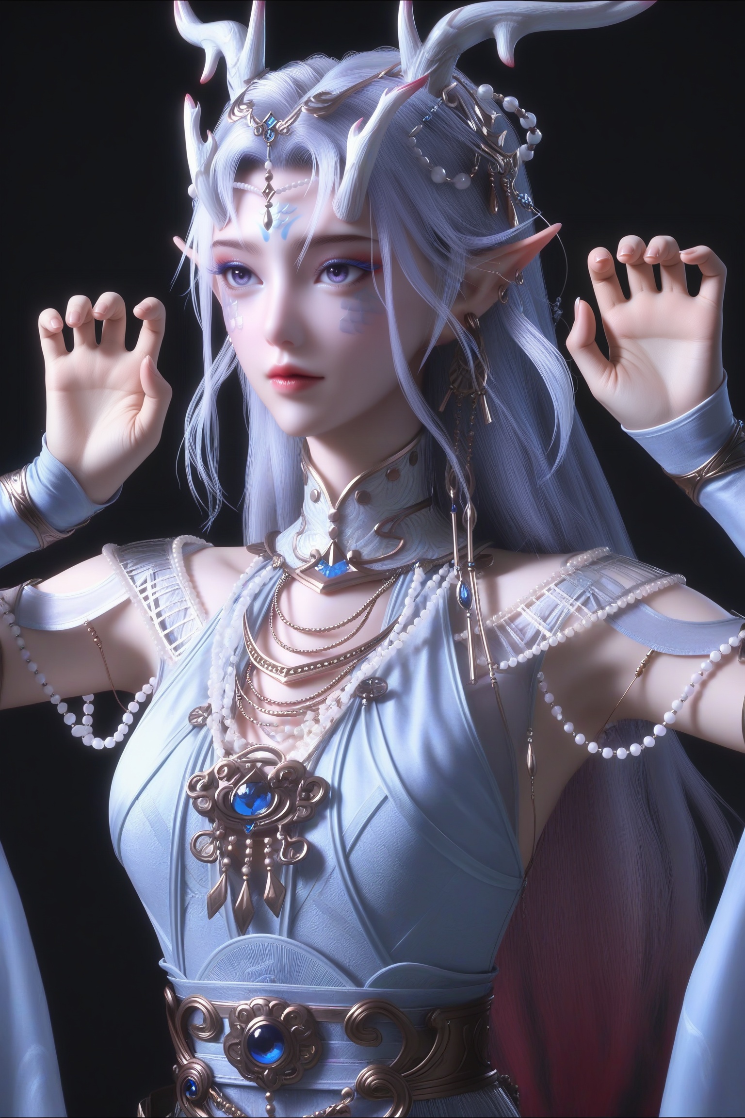 masterpiece,best quality,absurdres,highres,mature female,solo,<lora:念云-ill:0.85>,nianyun,long hair,silver hair,dragon horns,hair ornament,elf ears,dangling earrings,facial mark,forehead mark,ear piercing,eyeshadow,gradient hair,(blue yes),(purple_pupils),light blush,BREAKglamor,(slender:1.1),collarbone,(narrow waist),paw_pose,claw_pose,blue gemstone,white pearls,high collar,layered necklace,fantasy dress,pearl necklace,collar gem,chest jewel,waist gem,waist belt,detached sleeves,light blue dress,BREAK(white_skin:1.1),(fair_skin:1.1),simple background,white background,(new year:1.1),Volumetric Lighting,Cinematic Lighting,lens flare,Tyndall effect,