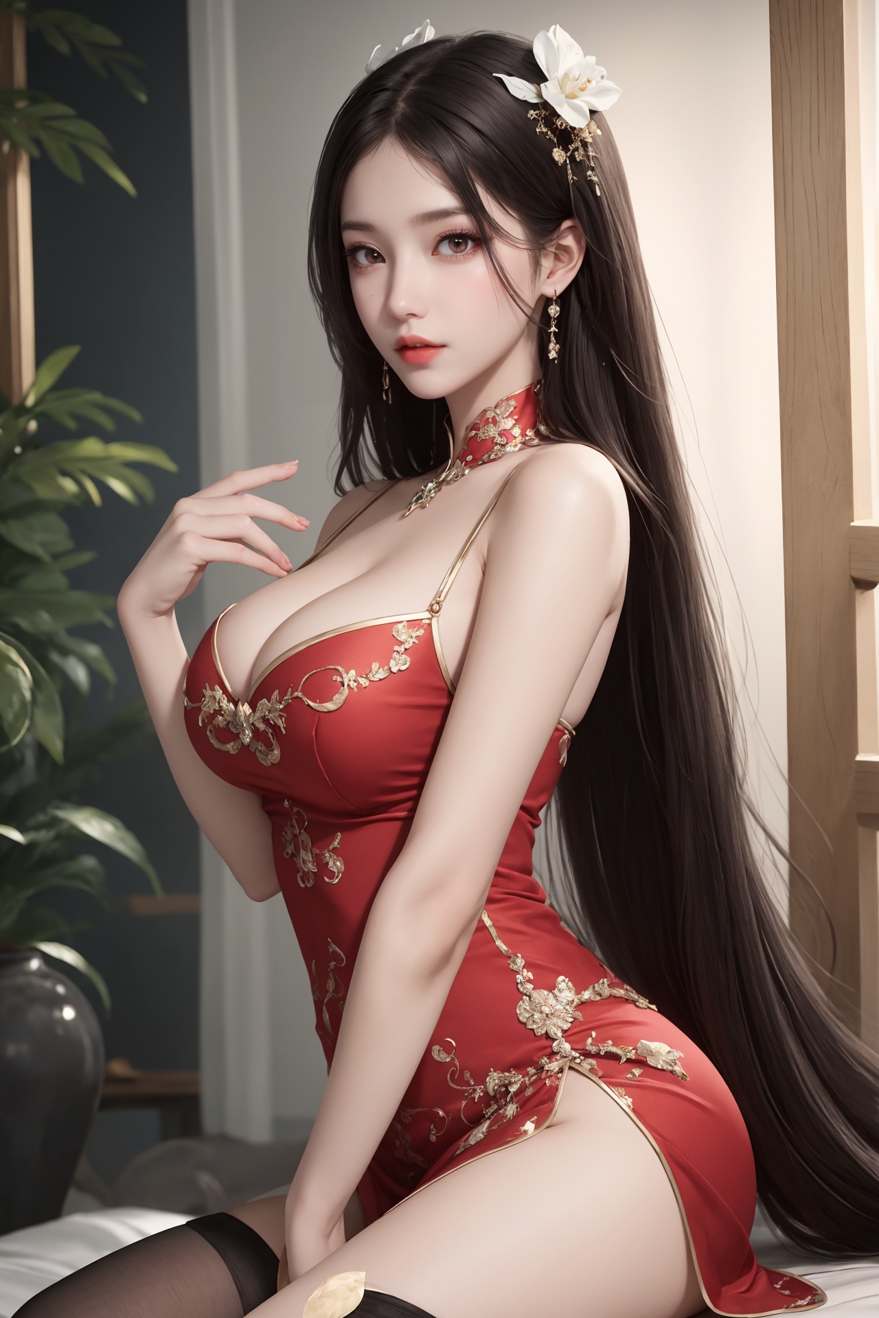 1girl, black hair, breasts, building, chinese clothes, dress, earrings, facial mark, forehead mark, hair ornament, jewelry, lips, long hair, looking at viewer, makeup, solo, thighhighs <lora:eye:0.8>