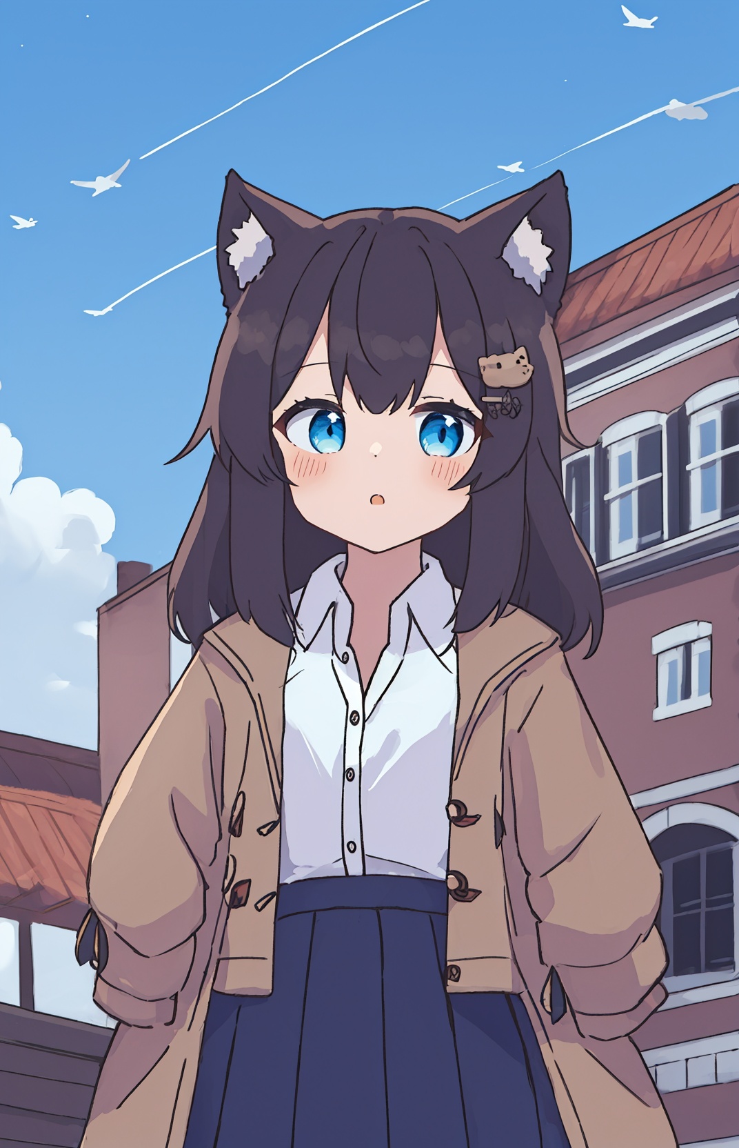 solo, 1girl, shirt, white shirt, animal ear fluff, outdoors, animal ears, long hair, :o, collared shirt, looking at viewer, blush, black hair, blue eyes, bangs, dress shirt, open clothes, sky, parted lips, cloud, day, cat ears, black skirt, hair ornament, hairclip, building, brown jacket, long sleeves, skirt