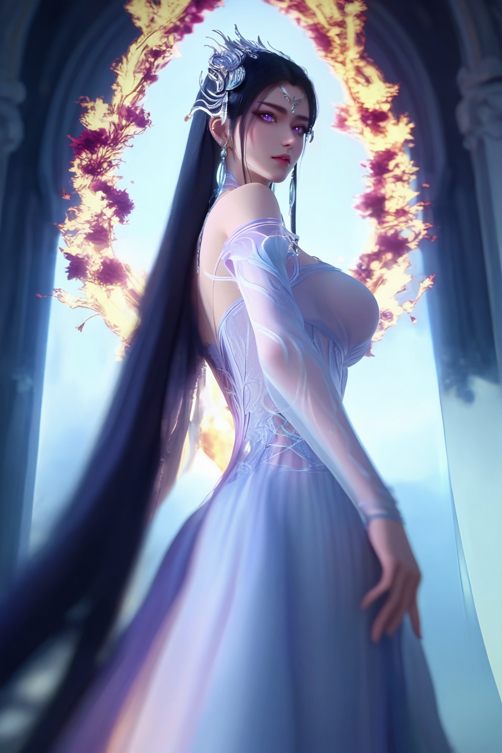 (A harmony of homunculi:1.2),(looking at viewer:1.1),<lora:XL16神国之上叶婵宫:0.95>,miss yechangong,sheer blue chiffon corset gown,violet eyes,forehead pendan,black hair,very long hair,hair ornament,earrings,jewelry,(large breasts:1.2),, score_9,score_8_up,score_7_up,score_6_up,score_5_up,score_4_up,3d rendering,tag1,tag2, Cinematic Lighting,backlighting,