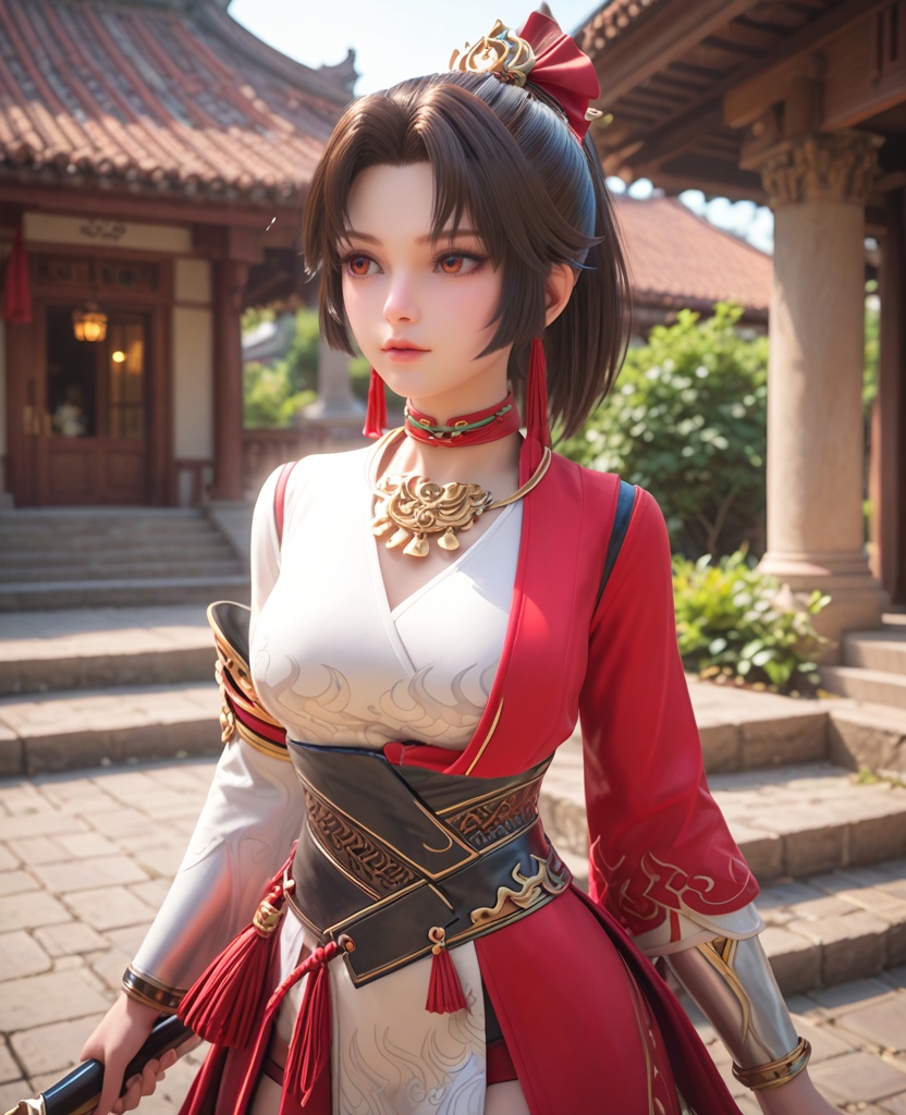 (oriental architecture, elegant decor, sophisticated style:1.1),(Standing with one foot on a step, looking ahead,:1.1),(large breasts:1.2),<lora:XL王者荣耀云缨:0.8>,miss yunying,red paired with white short kimono,black hair,short ponytail,bangs,red eyes,choker,hair ornament,sash,jewelry,tassel,lips,black thighhighs,greaves,, score_9,score_8_up,score_7_up,score_6_up,score_5_up,score_4_up,3d rendering,tag1,tag2, Cinematic Lighting,backlighting,, zPDXL3, zPDXL2,zPDXL, zPDXLxxx, zPDXLrl,