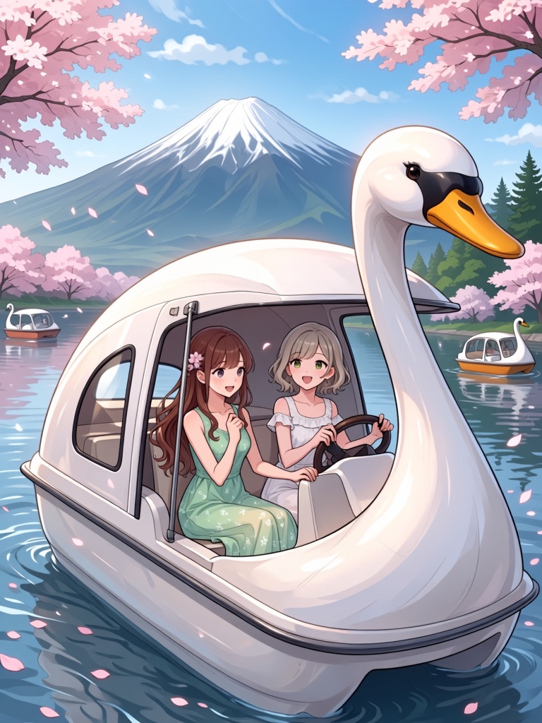 swan watercraft,  steering wheel,  long hair on Tensor.Art