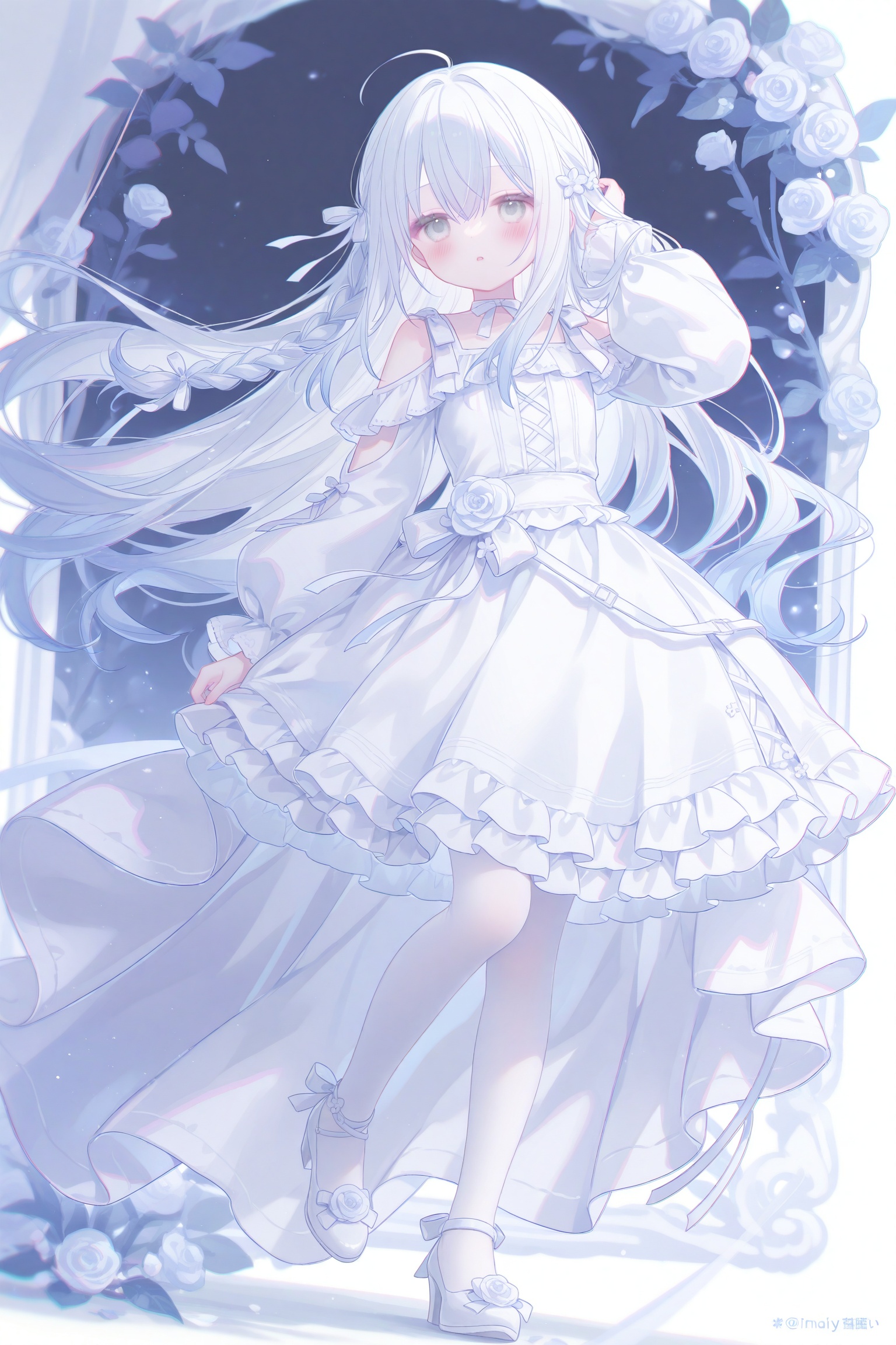 masterpiece,very aware,highres,absurdres,newest,best quality,loli,petite,high quality,chromatic_aberration,cinematic_angle,dutch angle, nyalia,//,umehara,//, 1girl, solo, long hair, high heels, white theme, flower, hair flower, white rose, white flower, full body, hair ornament, dress, white hair, white dress, pantyhose, looking at viewer, white background, rose, simple background, grey eyes, white pantyhose, braid, white footwear, parted lips, very long hair, shoulder cutout, long sleeves, frills, ribbon, skirt, hair ribbon, white ribbon, single braid, white skirt, standing, hair between eyes, hand up, hand in own hair, shirt, clothing cutout, puffy sleeves, twitter username, white eyes, frilled dress, floating hair, ahoge, standing on one leg, choker, open mouth, detached sleeves, puffy long sleeves, bare shoulders, white shirt, white choker