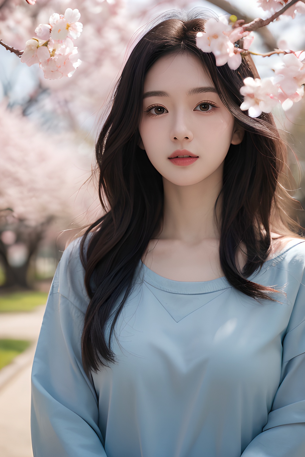 <lora:0817_02:0.4>,simple background,a girl with a dreamy expression,surrounded by floating cherry blossom petals in a soft breeze,springtime magic,gentle radiance.korean girl,black hair,, 1girl,realistic,masterpiece, best quality, photorealistic, HDR,detail