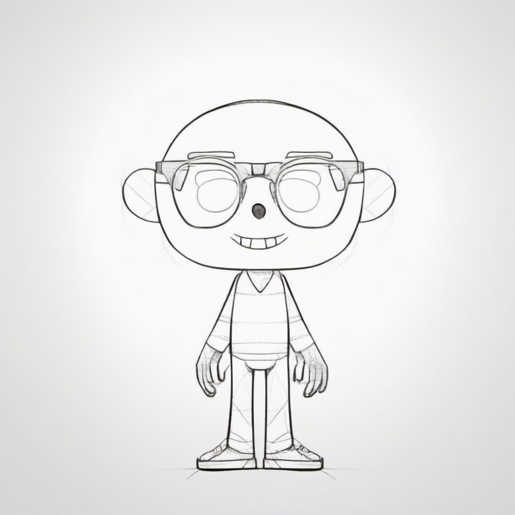 ipsketch(style), black and white line drawing, solo, standing posture, monochrome, looking at the audience from the front, The head to body ratio is 1:2, wearing love glasses, showing teeth, geometric head, cartoon Figure, upright posture, thin arms and legs, simple lines, white background.<lora:ip sketch_V3XL-000002:0.7>,