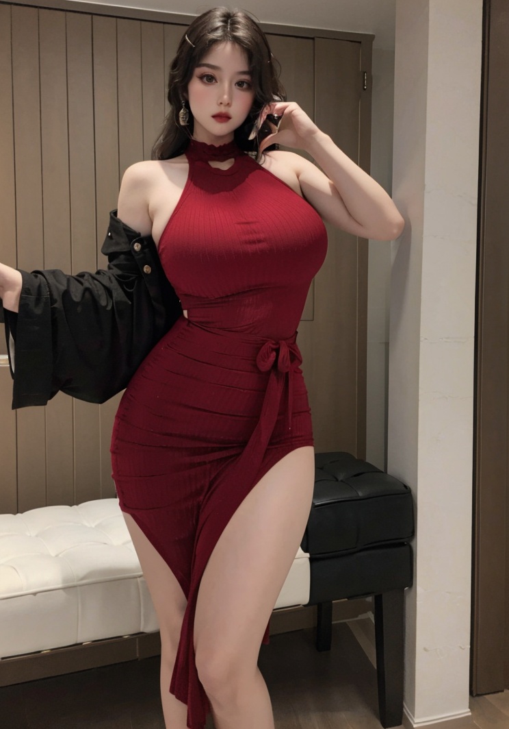 (masterpiece, best quality:1.4),finely detailed,1girl,solo,pale skin,perfect body,(gigantic breasts:1.1),standing,<lora:性感红色圣诞毛衣战袍-000008:0.8>,bare shoulders,dress,(red dress),(halterneck),