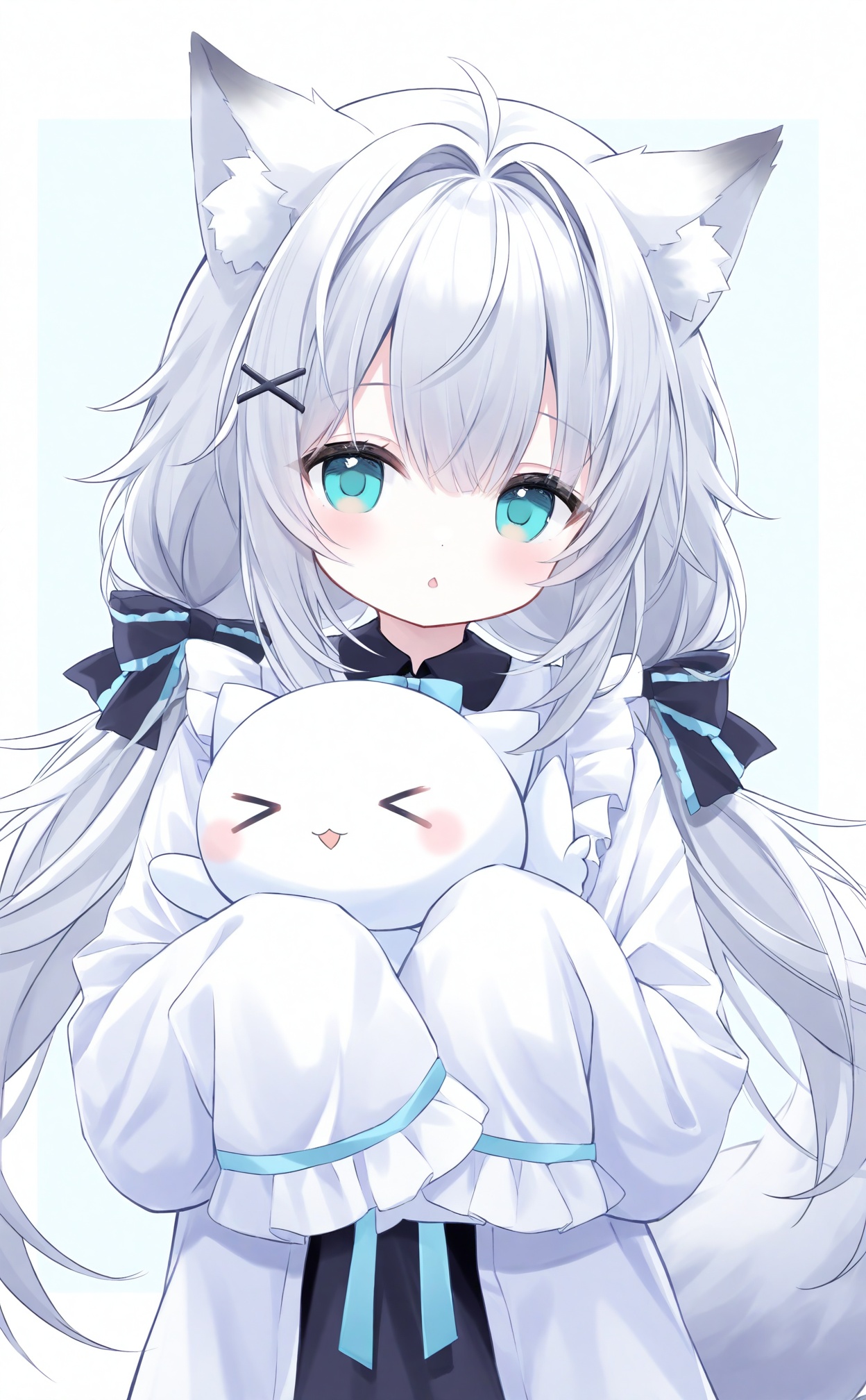 best,//,alens,1girl,animal ears,hair ornament,white hair,blue eyes,long hair,sleeves past fingers,sleeves past wrists,tail,bow,ahoge,looking at viewer,x hair ornament,twintails,low twintails,animal ear fluff,solo,blush,long sleeves,hair bow,fox ears,blue bow,:o,fox girl,upper body,shirt,white shirt,hugging object,blue background,fox tail,parted lips,chestnut mouth,open mouth,hair between eyes,>_<,dress,black bow,simple background,two-tone background,white background,very long hair,open clothes,white border,sidelocks,border,frilled sleeves,grey hair,aqua eyes,hairclip,hair intakes,frills,dot nose,stuffed toy,virtual youtuberarm garter,orca,<lora:lp40-000030:0.8>,