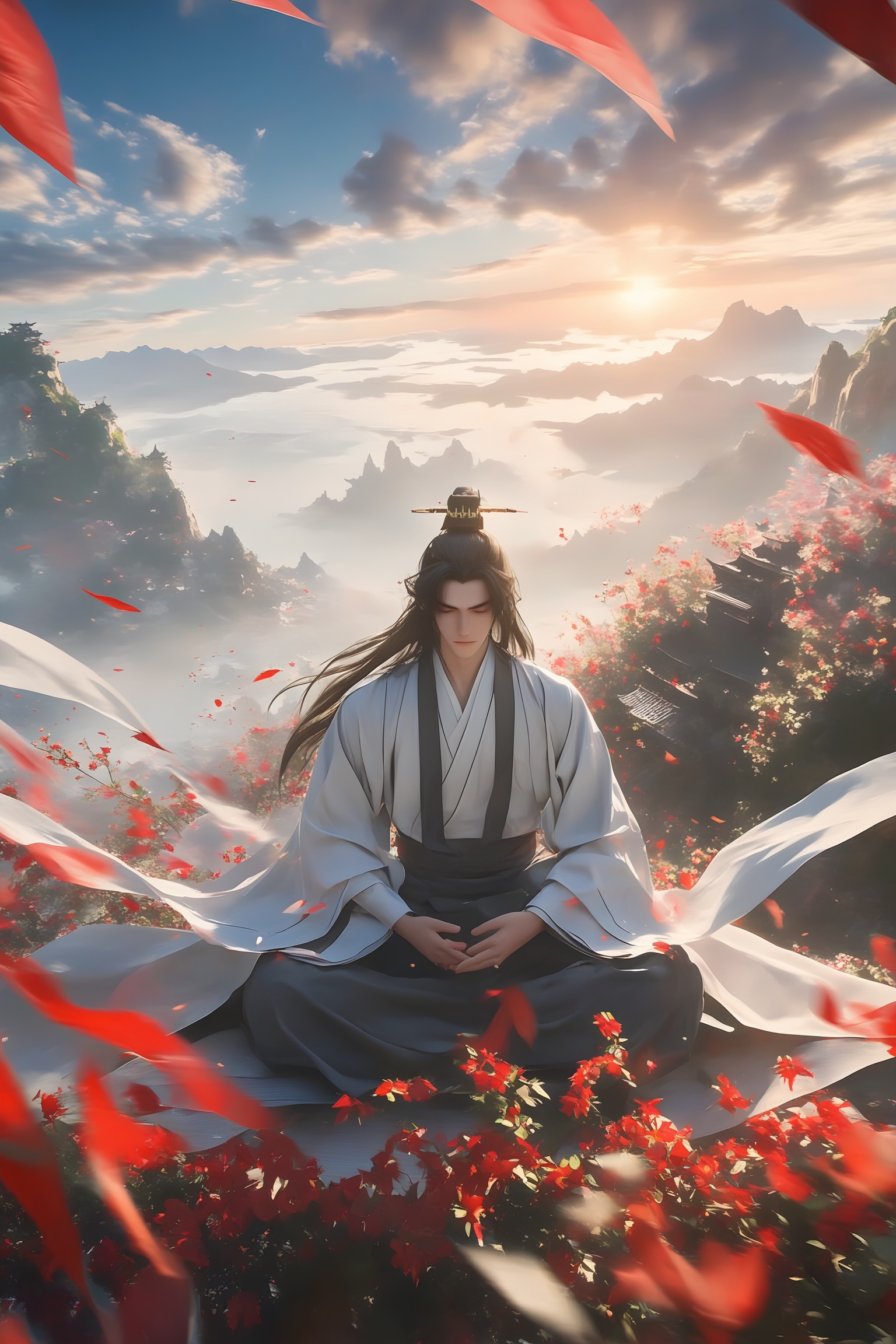 renzu,The image depicts a serene and picturesque scene set against a backdrop of a traditional East Asian landscape. The foreground features a person dressed in flowing, traditional attire, sitting amidst a sea of vibrant flowers. The individual's long hair is elegantly styled, and they appear to be in a contemplative or meditative state. The background showcases a series of pagodas and temples, with a mountain range and a sky filled with soft, warm hues, suggesting either sunrise or sunset. The overall atmosphere is tranquil and harmonious, with a sense of peace and beauty.