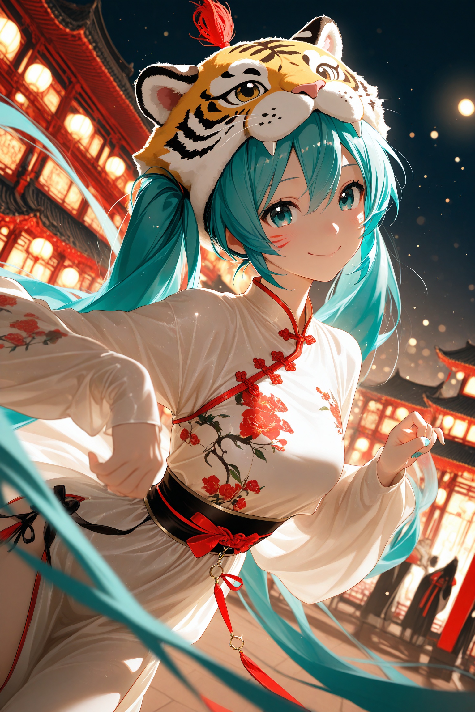 chinese_new_year,chinese architecture,festive,cheerful picture,it's refreshing,tiger hat,hanfu,china dress,point to the sky,happy smile,night,real light and shadow effect,ray tracing,face focus,Hatsune Miku,extreme aesthetic,in the style of fashion photography,light particles,Visual impact,sharp focus,Emotionalization,depth of field,dynamic pose,dutch angle,