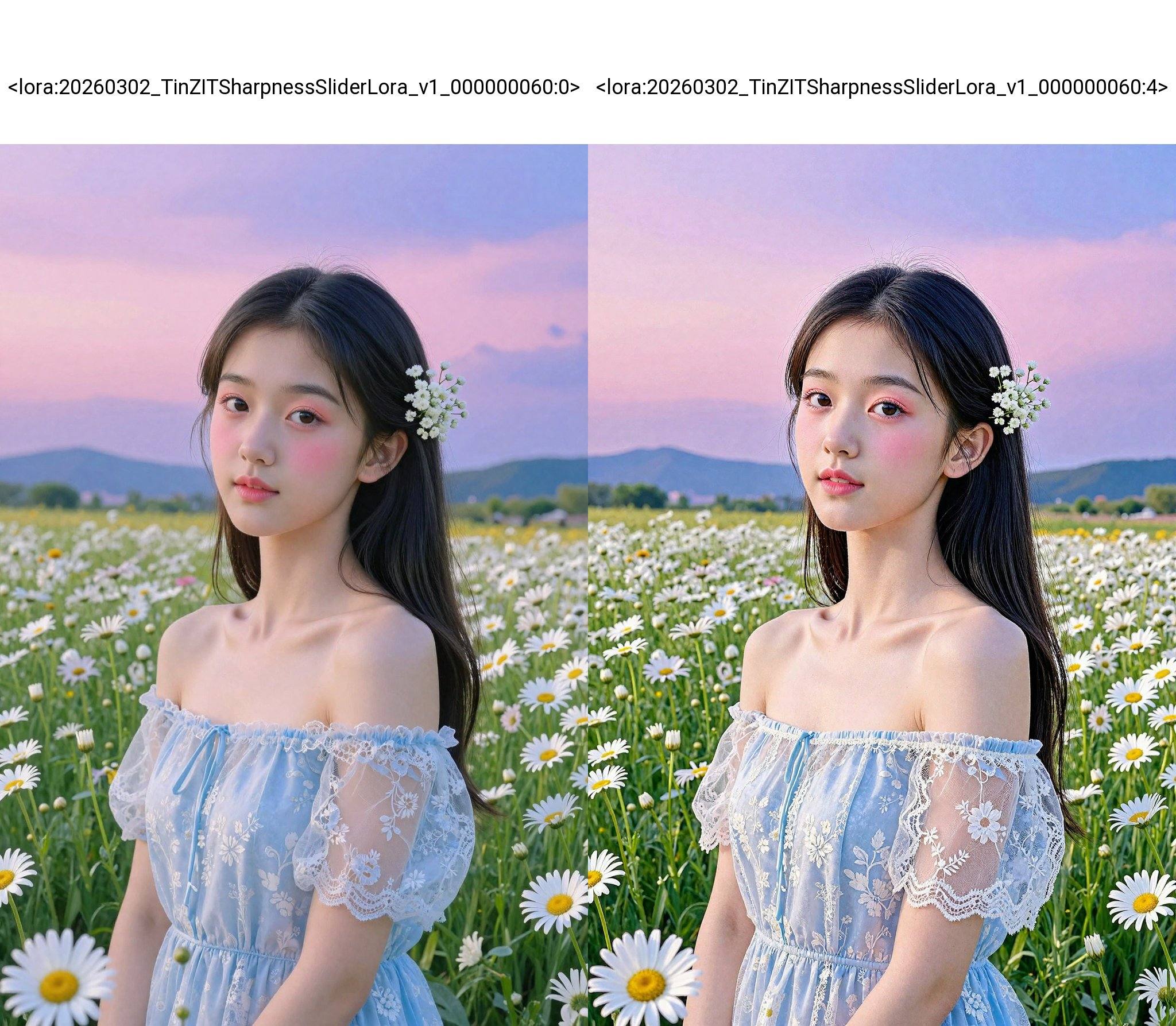 <lora:20260302_TinZITSharpnessSliderLora_v1_000000060:0>, This is a high-resolution photograph capturing a young Asian woman in a serene, sunlit field of blooming daisies. The woman, likely in her early twenties, has long, straight black hair adorned with delicate, white baby's breath flowers. Her skin is smooth and fair, with a natural, radiant complexion. She is dressed in a light, off-shoulder, light blue dress with sheer, lace-like sleeves and a subtle floral pattern, which complements the surrounding flowers. Her makeup is minimal but accentuates her eyes with a soft, pink blush and subtle eyeliner, giving her a fresh, natural look. The background features a vast expanse of daisies in various stages of bloom, with some flowers fully open and others still in bud, creating a lush, vibrant field. The sky is a beautiful gradient of soft pinks and purples, transitioning into a deeper blue as it reaches the horizon, suggesting either dawn or dusk. In the distance, rolling hills or mountains are faintly visible, adding depth to the scene. The overall mood is peaceful and ethereal, with the woman appearing almost like a serene spirit among the flowers.