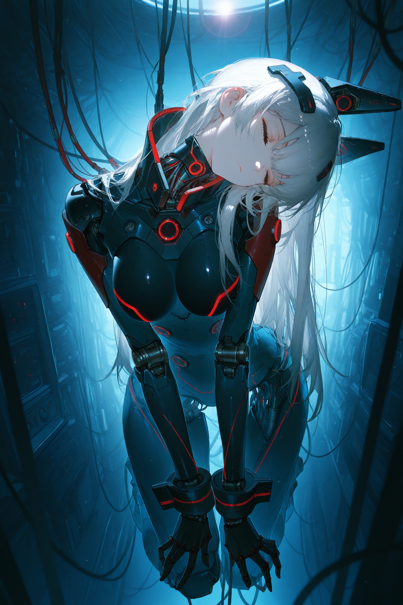 masterpiece,best quality,amazing quality,very aesthetic,absurdres,newest,john kafka,void 0,rella,liduke,songjikyo,1girl,*****,medium breast,tomboy,white hair,straight hair,long hair,closed eyes,expressionless,high collar,neon trim,face cybernetics,visor,face mechanical parts,mechanical ears,mechanical body,red with green trim power suit,large metal collar,large wrist cuffs,in air,hanging,head tilt down,cinematic lighting,lens flare,light trail,blue theme,multiple cables on girl,mecha interior,connected,