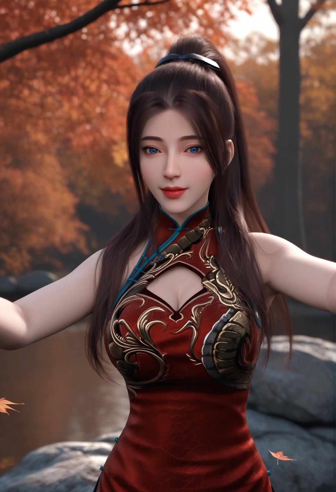 (score_9),<lora:唐紫尘-apony-000009:0.83>,tangzichen,(mature_female:1.1),solo,blue eyes,long hair,brown hair,ponytail,hair tie,china dress,cleavage cutout,thigh strap,(red_china_dress),short_shorts,<lora:Expressive_H-000001:0.8>,light blush,(double v),upper body,looking at viewer,collarbone,(glamor:1.2),pointy breasts,puffy breasts,<lora:e肤色滑块:0.5>,fair_skin,(pale_skin),<lora:e色温:-0.35>,light skin,ultra-detailed skin texture,detailed textures,<lora:皮肤凹痕:1.2>,BREAKin autumn,grove,(maple_tree),(maple_leaf),leaf,autumn leaves,falling leaves,branch,twig,Tyndall effect,available light,depth of field,rock,4K ultra HD,sharp focus,high detail,natural lighting,high contrast,