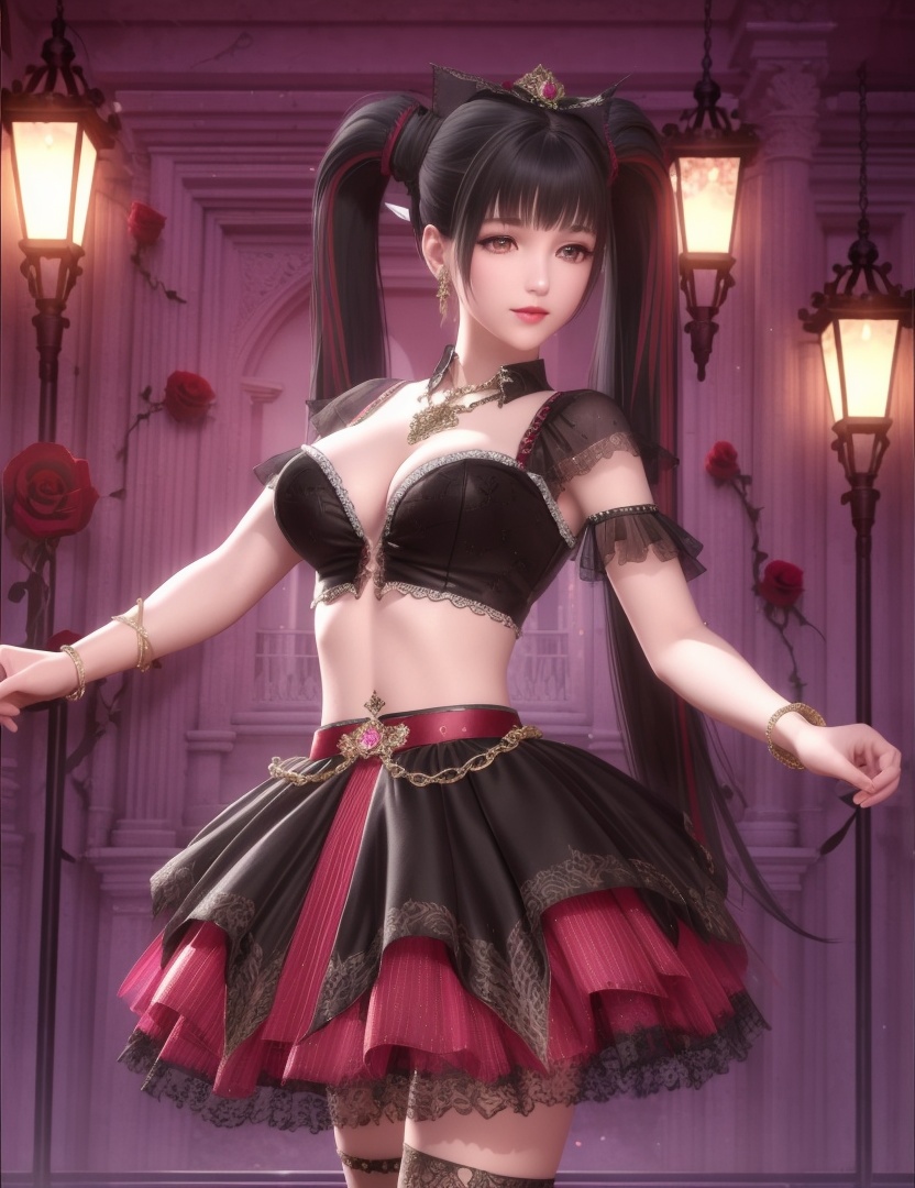 ultra realistic 8k cg, picture-perfect face, flawless, clean, masterpiece, professional artwork, famous artwork, cinematic lighting, cinematic bloom, perfect face, beautiful face, fantasy, dreamlike, unreal, science fiction , beautiful clothes, lace, lace trim, lace-trimmed legwear,  (rich:1.4), prestige, luxury, jewelry, diamond, gold, pearl, gem, sapphire, ruby, emerald, intricate detail, delicate pattern, charming, alluring, seductive, erotic, enchanting, hair ornament, necklace, earrings, bracelet, armlet,halo((,1girl, pov,))  (((,, multiple_girls, 2girls, flower, rose, multicolored_hair, , midriff, twintails, skirt, large breasts, looking at viewer, )))   <lora:DA_ChloeNightWings:0.6>