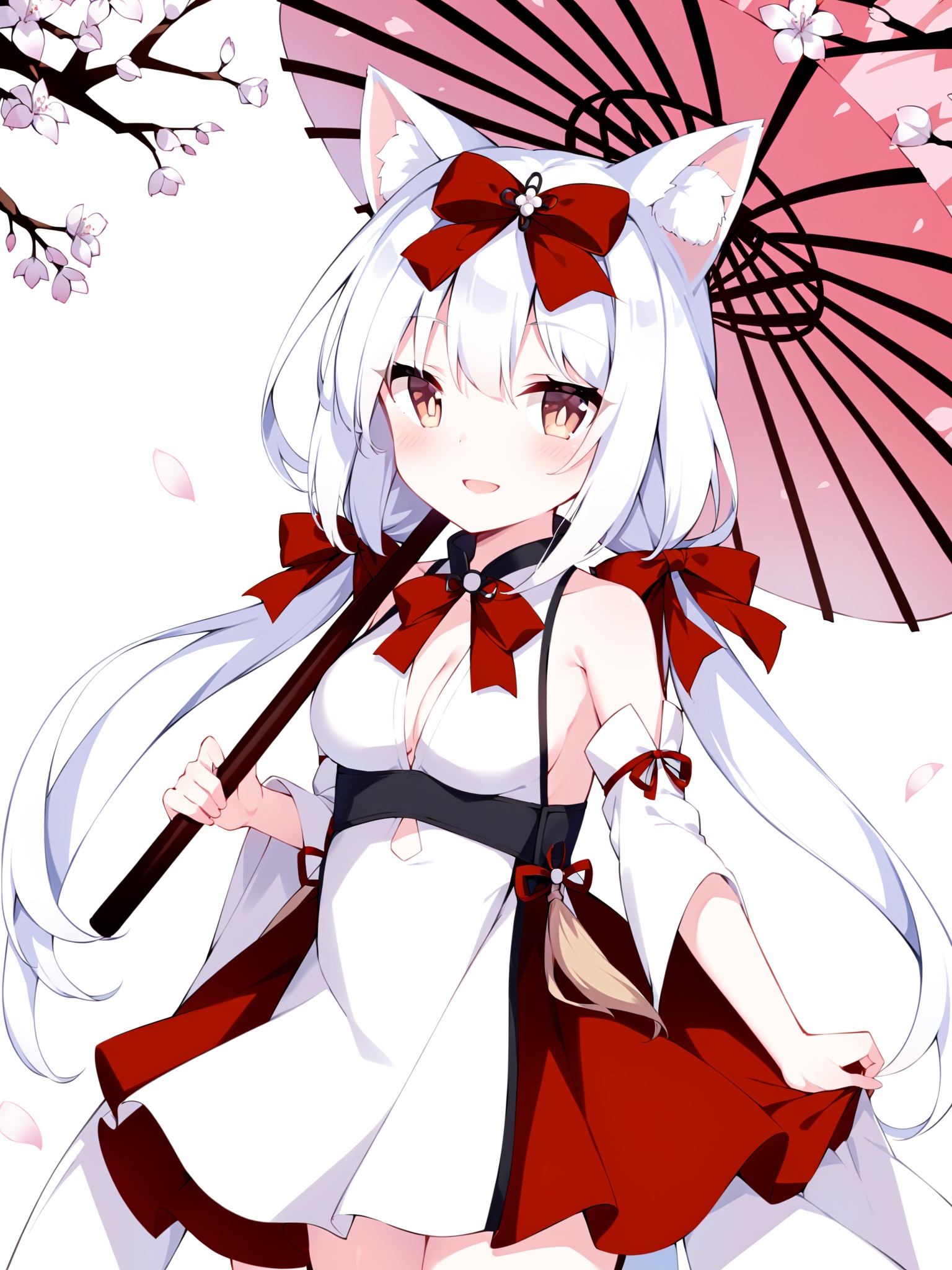 <lora:mk_dl_xl:1>,cat ears, red bow, white hair, 1girl, solo, long hair, breasts, looking at viewer, blush, smile, open mouth, bangs, red eyes, dress, bow, holding, animal ears, cleavage, hair between eyes, bare shoulders, twintails, brown eyes, medium breasts, very long hair, flower, hair bow, parted lips, detached sleeves, sleeveless, wide sleeves, white dress, animal ear fluff, petals, clothing cutout, sleeveless dress, low twintails, umbrella, white flower, cherry blossoms, white sleeves, holding umbrella, skirt hold, branch, oil-paper umbrella