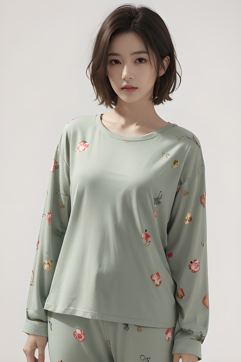 <lora:0818_07:0.7>,simple background,green_print_pajamas,, 1girl,realistic,masterpiece, best quality, photorealistic, HDR,detail