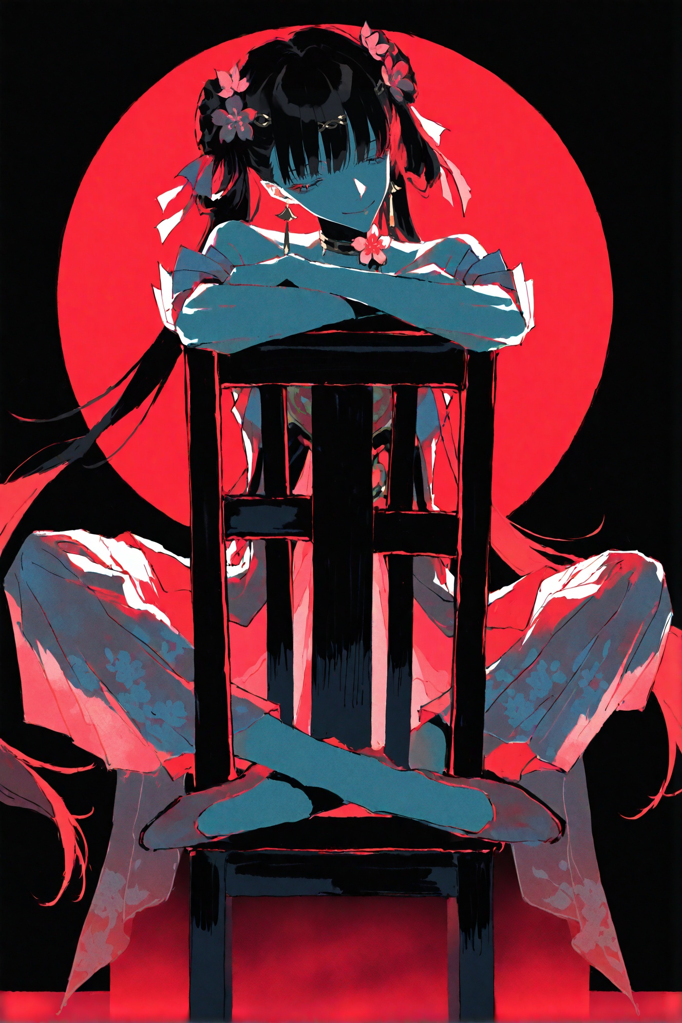 ultra detailed painting \(medium\) by (mzet:1.3),very awa,masterpiece,highres,absurdres,newest,year 2024,year 2023,studio shot,solo,(sitting backwards:1.2),crossed arms,arms on chair,lhead tilt,calm,closed eyes,smug,simple background,black theme,red theme,black background,eclipse,backlighting,<lora:96YOTTEA-WAI:0.55>,<lora:ponyv6_noobV1_2_adamW-000017:0.8>,<lora:jxnew-noob-Tanger-000014:0.8>,jinhsi,jinhsi \(peach blossom\) \(wuthering waves\),(clothes:peach blossom pink dress,alternate costume,bare shoulders:1.2),flower-shaped pupils,1girl,hair ornament,hair flower,twintails,bangs,jewelry,very long hair,