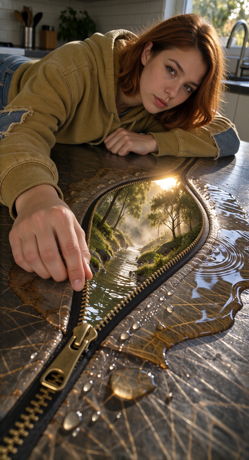 NamiX,  a raw dreamlike medium shot of namix lying on her stomach across a broad,  scratched kitchen table on Tensor.Art