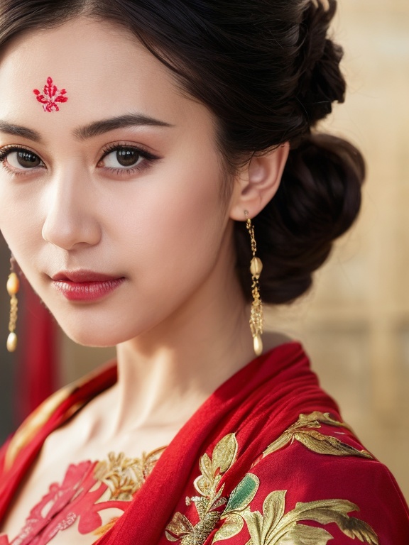 ((huadian)),close-up,High detail RAW color front view Picture of a stunning beautiful chinese girl,((light_smile)),((solo_focus,centered,looking at viewer:1.3)),(face_focus:1.2),((Her low-tied_updo with jewelry_accessories)),very_long_chain_earrings_with_green_drop,tiara,tassel,((intricated hair_ornament:1.2)),pale_skin,kanzashi,lipstick,chinese clothes,hair stick,parted lips,black_hair,ancient,gold embroidery,((intricated details:1.2)),((32k,RAW photo,best quality, masterpiece:1.2)),(photorealistic,Realistic:1.37),cinematic lighting,film still,atmosphere,ultra-detailed_face,detailed_eyes,long eyelashes,ultra-detailed skin and clothes,<lora:huadian_20240408133132:0.9>,((detailed red forehead_mark)),((petal_print)),huadian gem pattern,