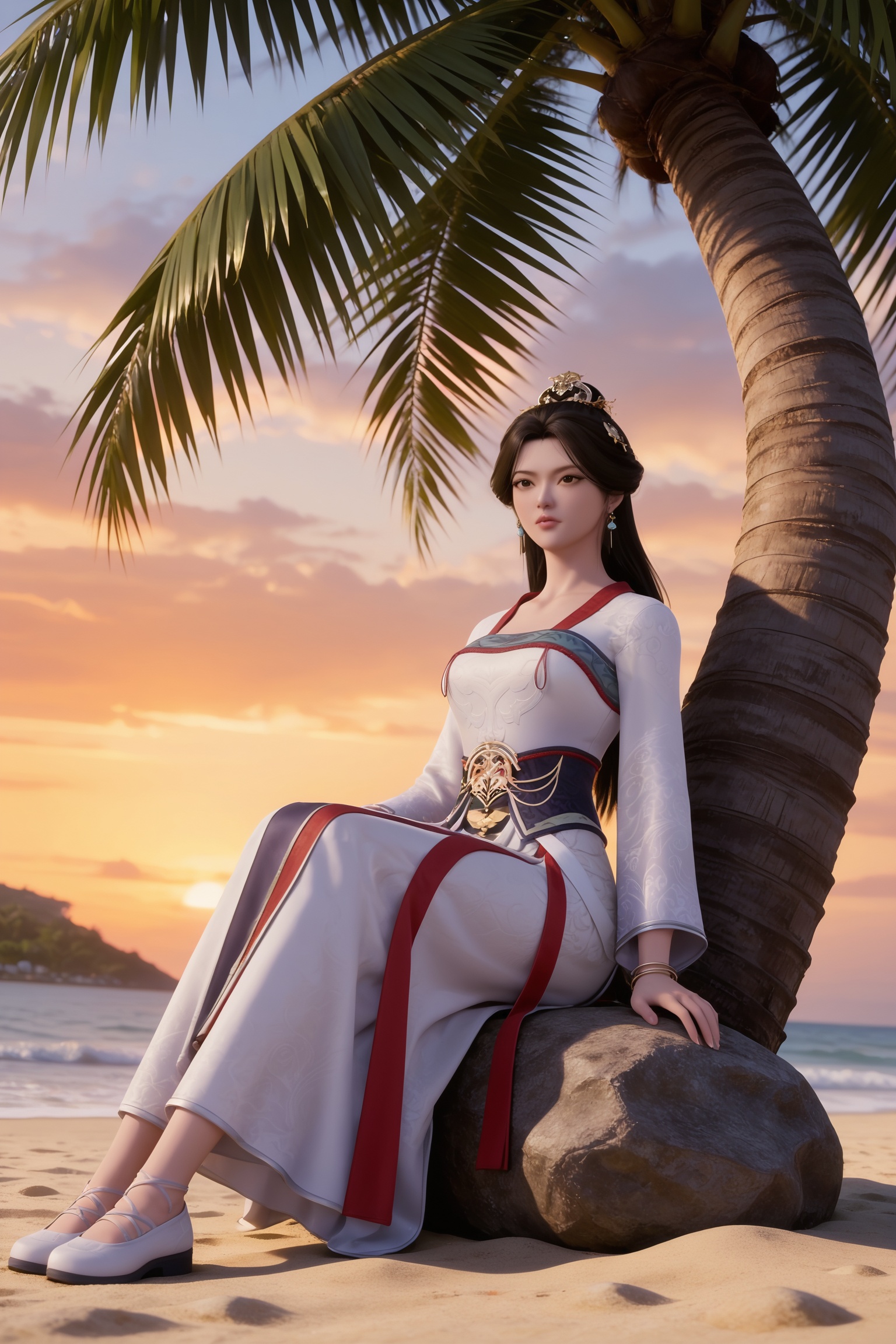 <lora:不死不灭-司徒明月-白衣:0.7>,1girl,long hair,black hair,hair ornament,earrings,chinese clothes,white dress,long sleeves,bracelet,sash,jewelry,shoes,sitting,sky,cloud,tree,beach,rock,sunset,palm tree,coconut tree,