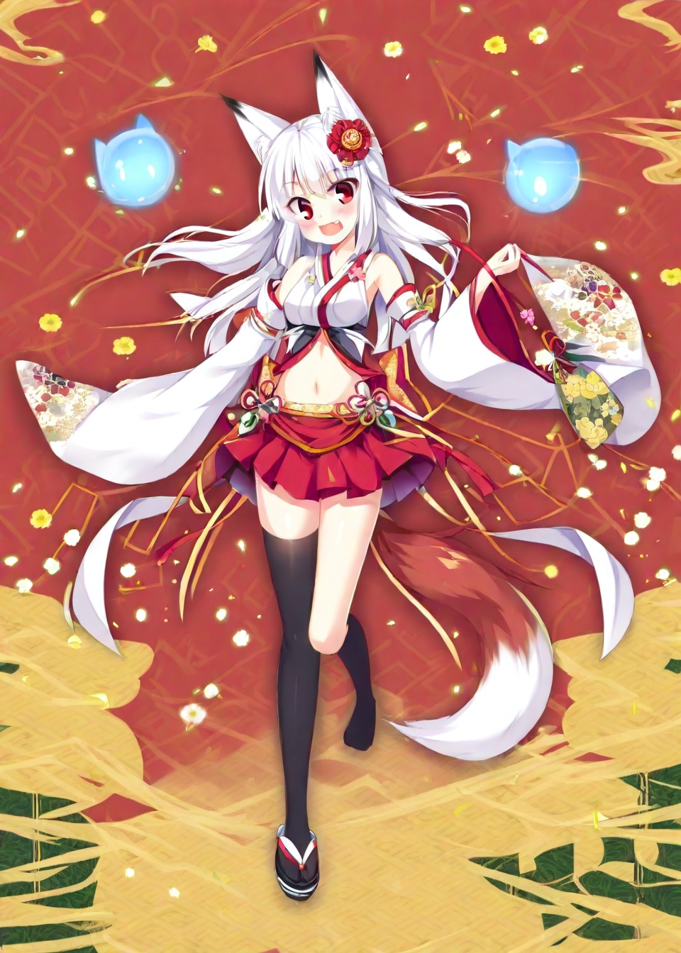 1girl,solo,animal ears,long hair,thighhighs,red eyes,skirt,fox ears,open mouth,navel,white hair,smile,looking at viewer,flower,detached sleeves,full body,fang,hair ornament,black thighhighs,hair flower,red skirt,holding,breasts,:d,bare shoulders,single thighhigh,wide sleeves,midriff,